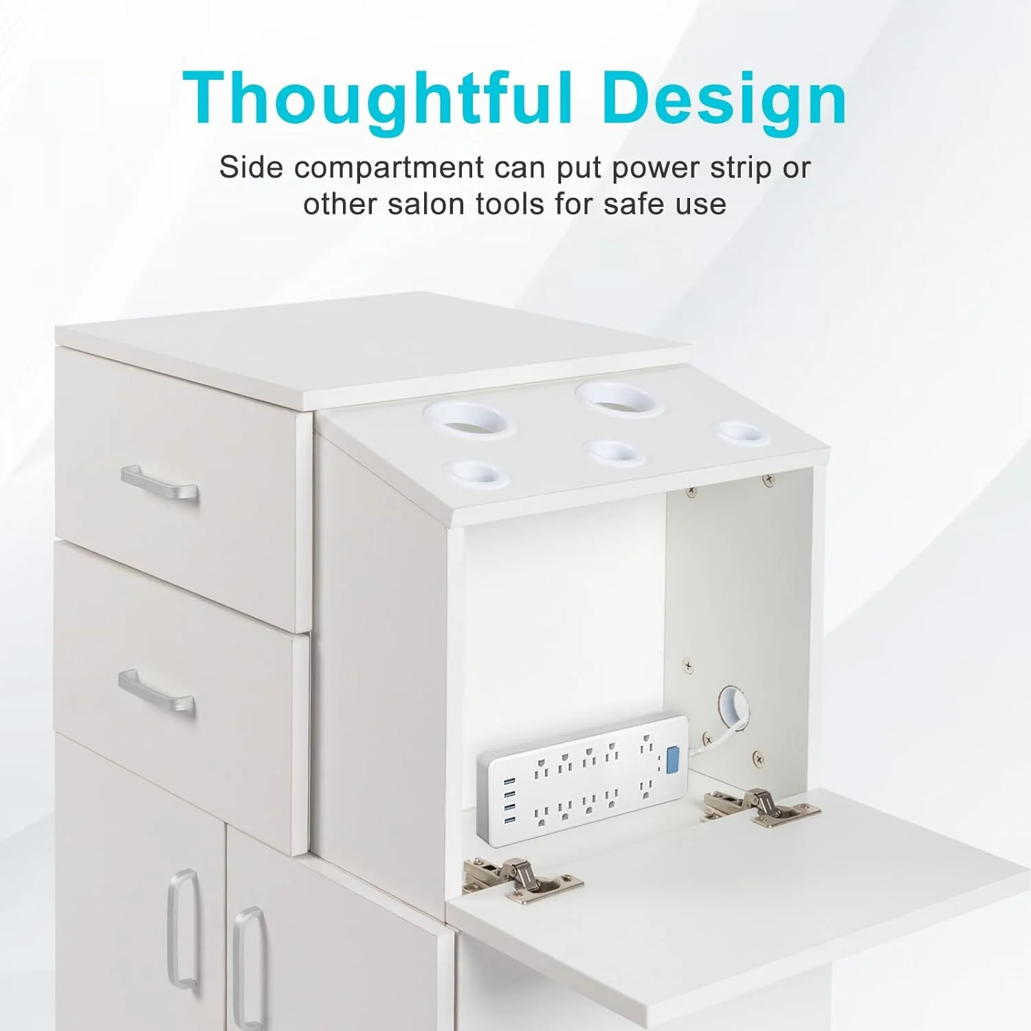 Salon Trolley Cart with Wheels, 5 Hair Dryer Holders, 2 Drawers, 1 Large Cabinet (White) - Stylish and Convenient Storage Solution for Professional Hairstylists