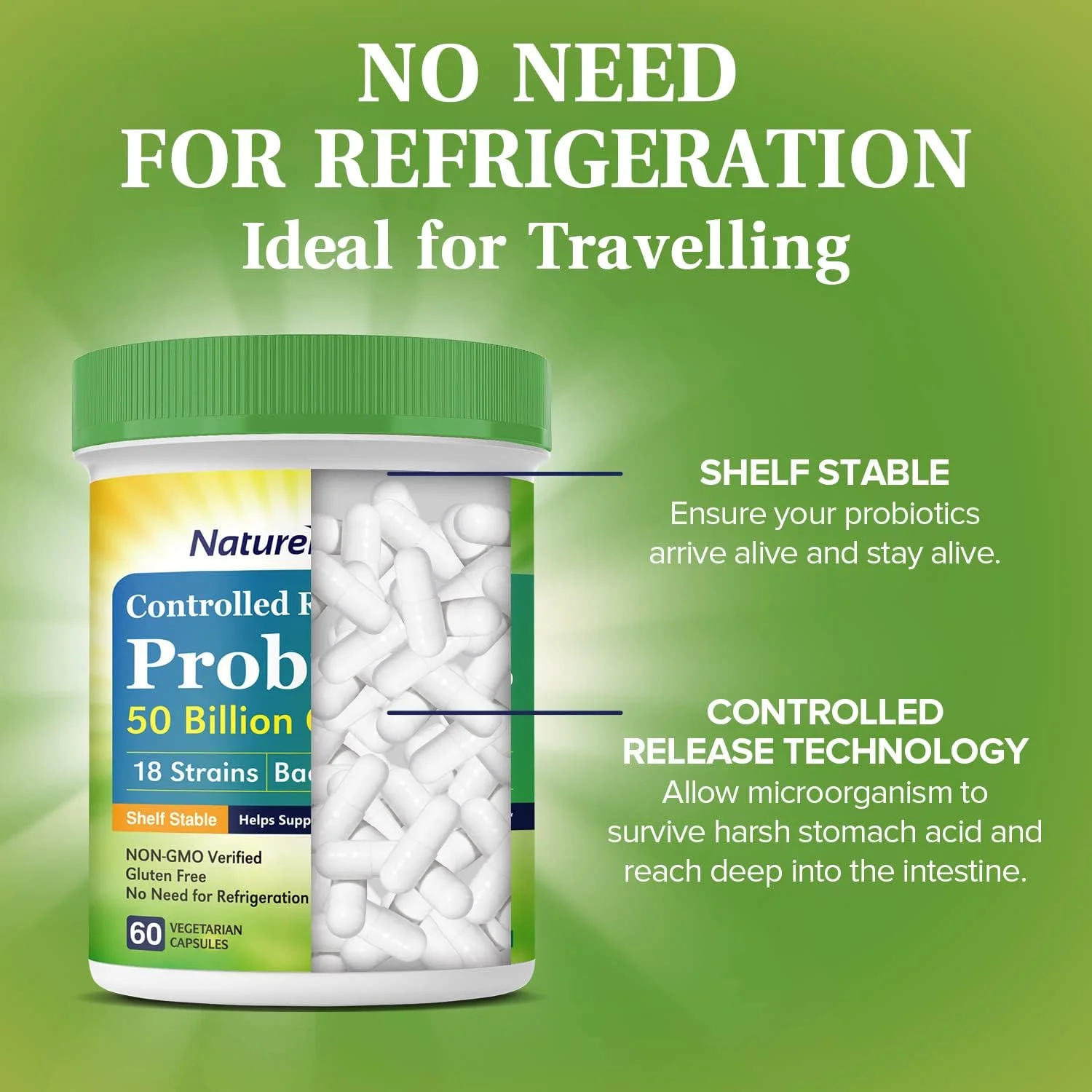 NatureMyst Probiotics 50 Billion per Serving, 18 Probiotic Strains, 60 Veggie Capsules - Non-GMO, Gluten Free