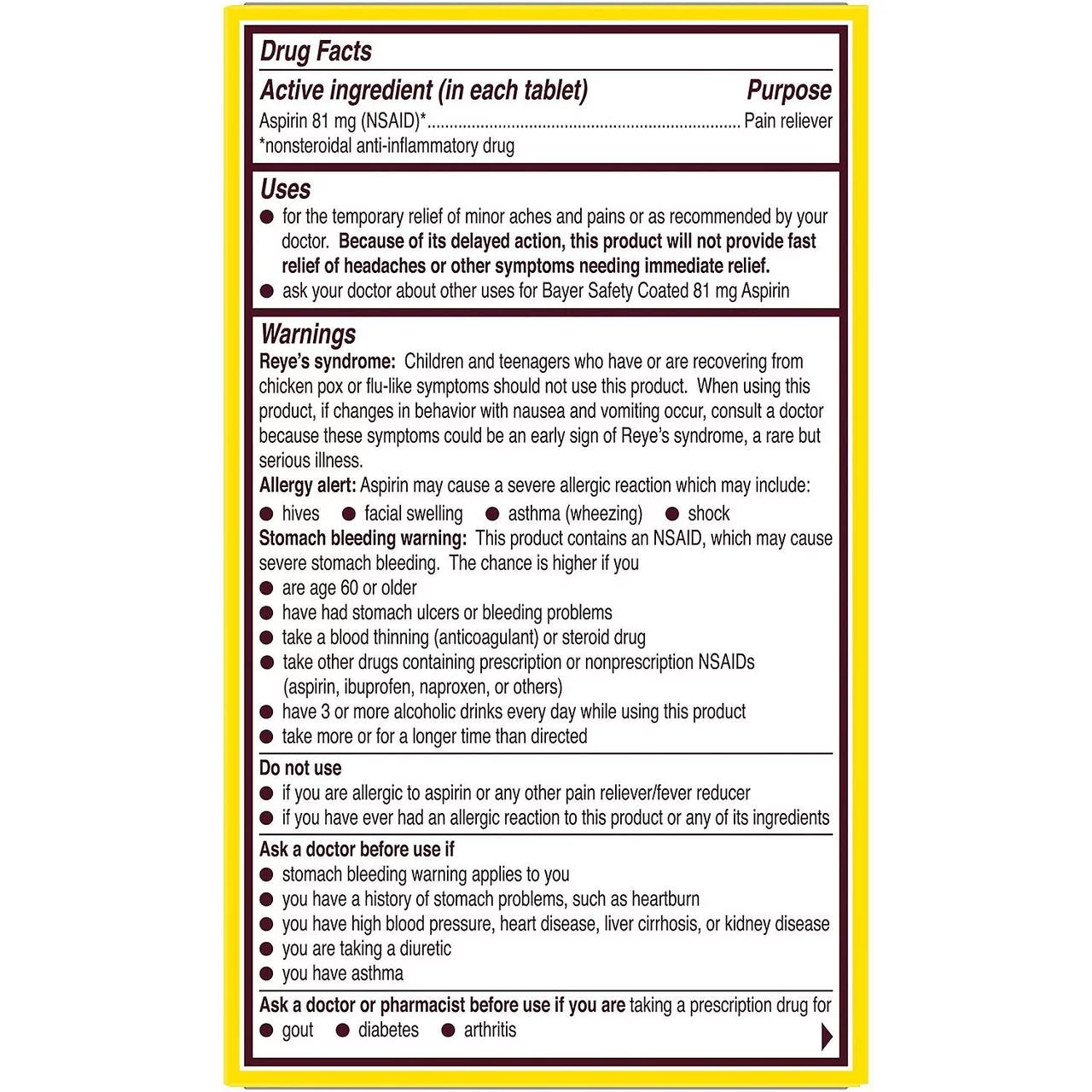 Bayer Aspirin Low Dose Aspirin 81 mg - 400 Enteric Coated Tablets