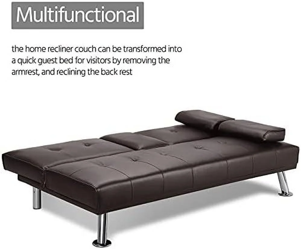 MQLIFEBOOM Convertible Sofa Bed Adjustable Couch Sleeper Modern Faux Leather Home Recliner Reversible Loveseat Folding Daybed Guest Bed  Removable Armrests  Cup Holders  3 Angles  772lb C