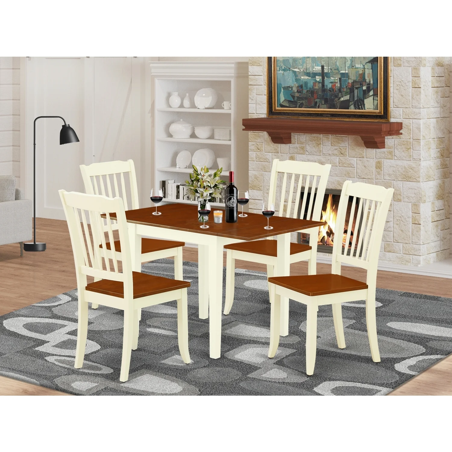 HomeStock Medieval Majesty Modern Dining Table Set Pcs- 4 Excellent Wood Dining Chairs And A Stunning Kitchen Table - Cherry Finish Hardwood Chair Seat And Table Top - Buttermilk Finish
