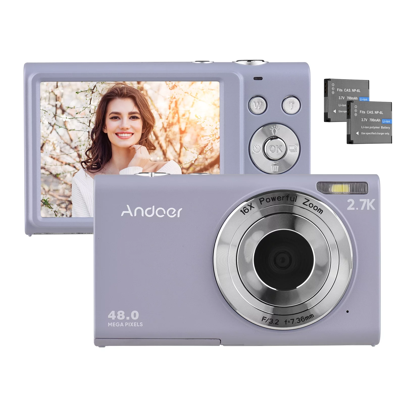 Andoer 2.7K Digital Compact Video Camcorder 48MP Auto Focus 2.88 Inch IPS Screen 16X Zoom -shake Face Detact Smile Capture Built-in Fill with Carry Bag Wrist Strap 2pcs Batteries for Tee
