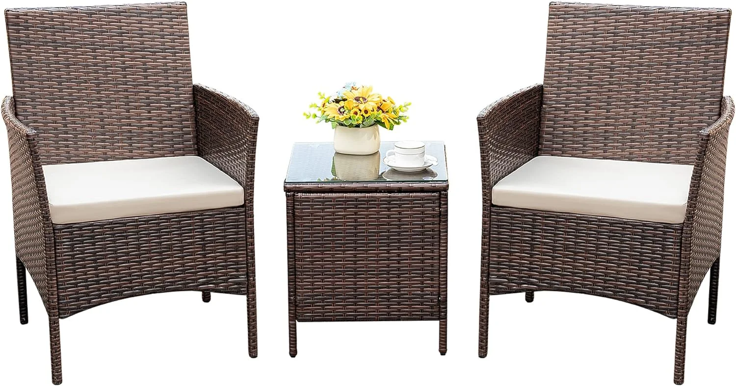 Patio Chairs Set of 2 Outdoor Front Porch Furniture Bistro Set 3 Piece Wicker Patio Chairs Balcony Furniture for Backyard Patio Balcony Lawn Pool (Brown)