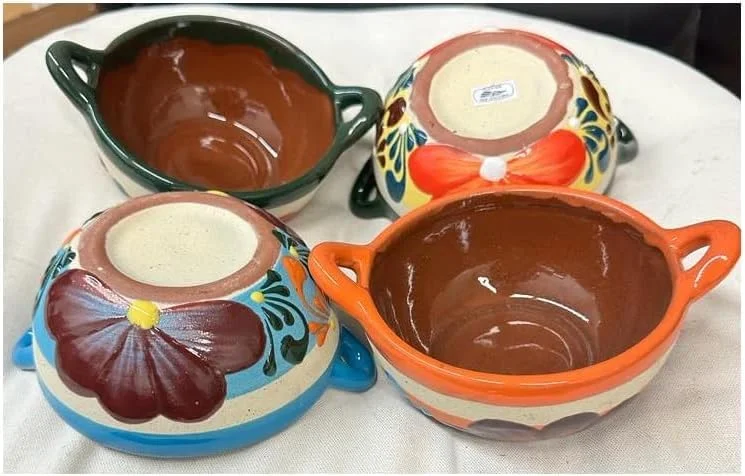 Set of 4 Mexican Salsera Flower design Cazuela Salsero de Barro Bowls Salsa Chips Guacamole Nuts Condiment Server Traditional Clay Party Dish China Engobe Made in Mexico