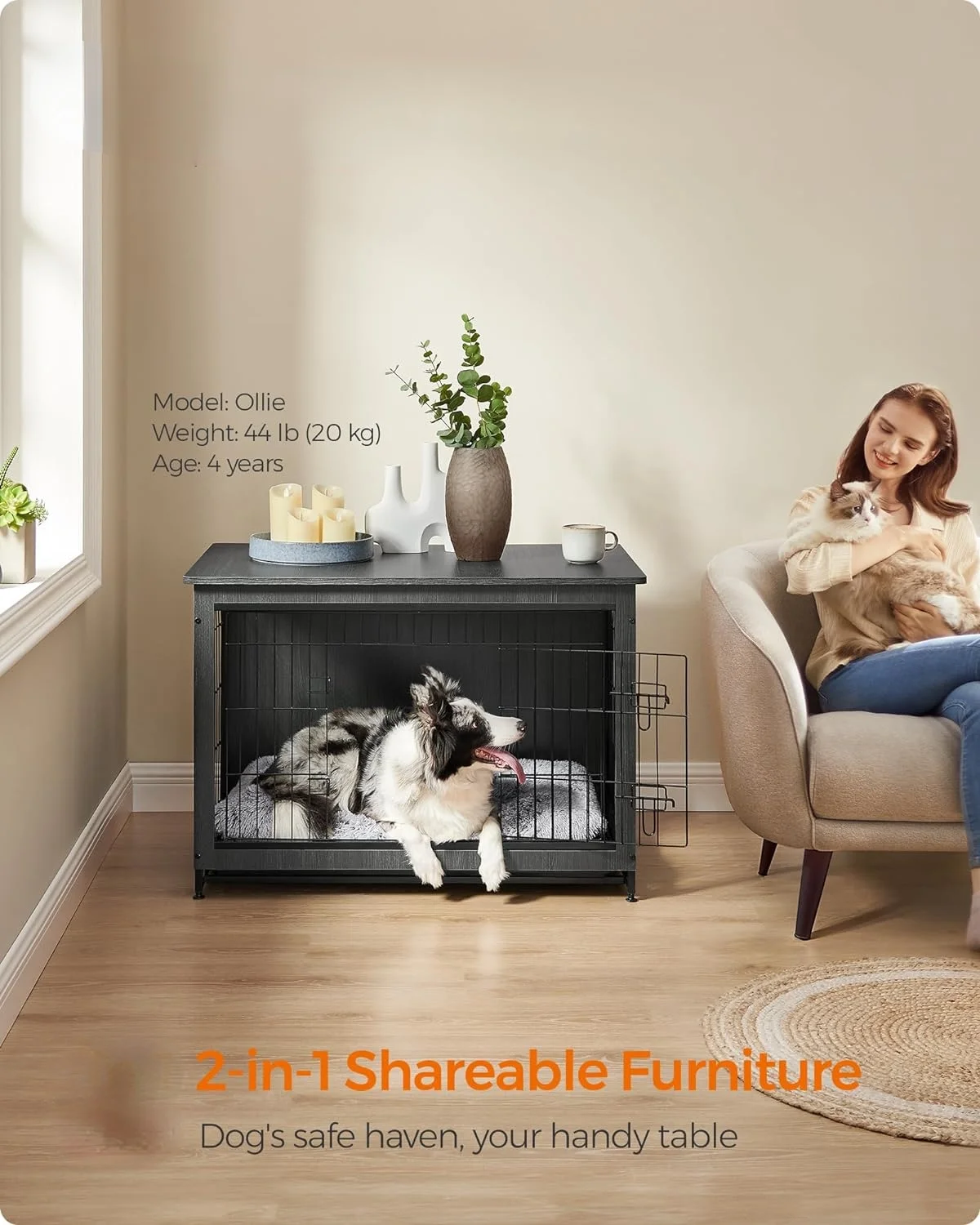 Dog Crate Furniture, Side End Table, Modern Kennel for Dogs Indoor up to 70 lb, Heavy-Duty Dog Cage with Multi-Purpose Removable Tray, Double-Door Dog House, Ink Black UPFC003B01