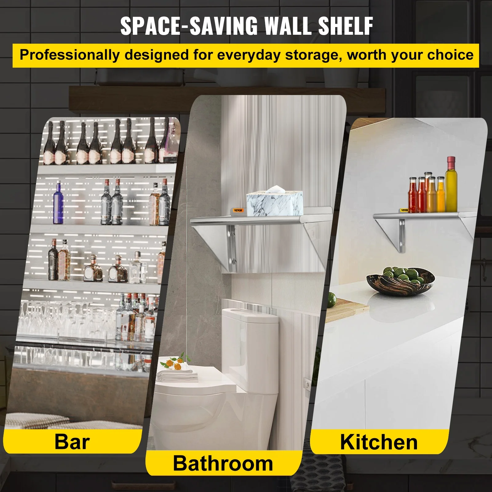 VEVOR Stainless Steel Wall Shelf, 18'' x 24'', 110 lbs Load Heavy Duty Commercial Wall Mount Shelving w/ Backsplash and 2 Brackets for Restaurant, Home, Kitchen, Hotel, Laundry Room, Bar