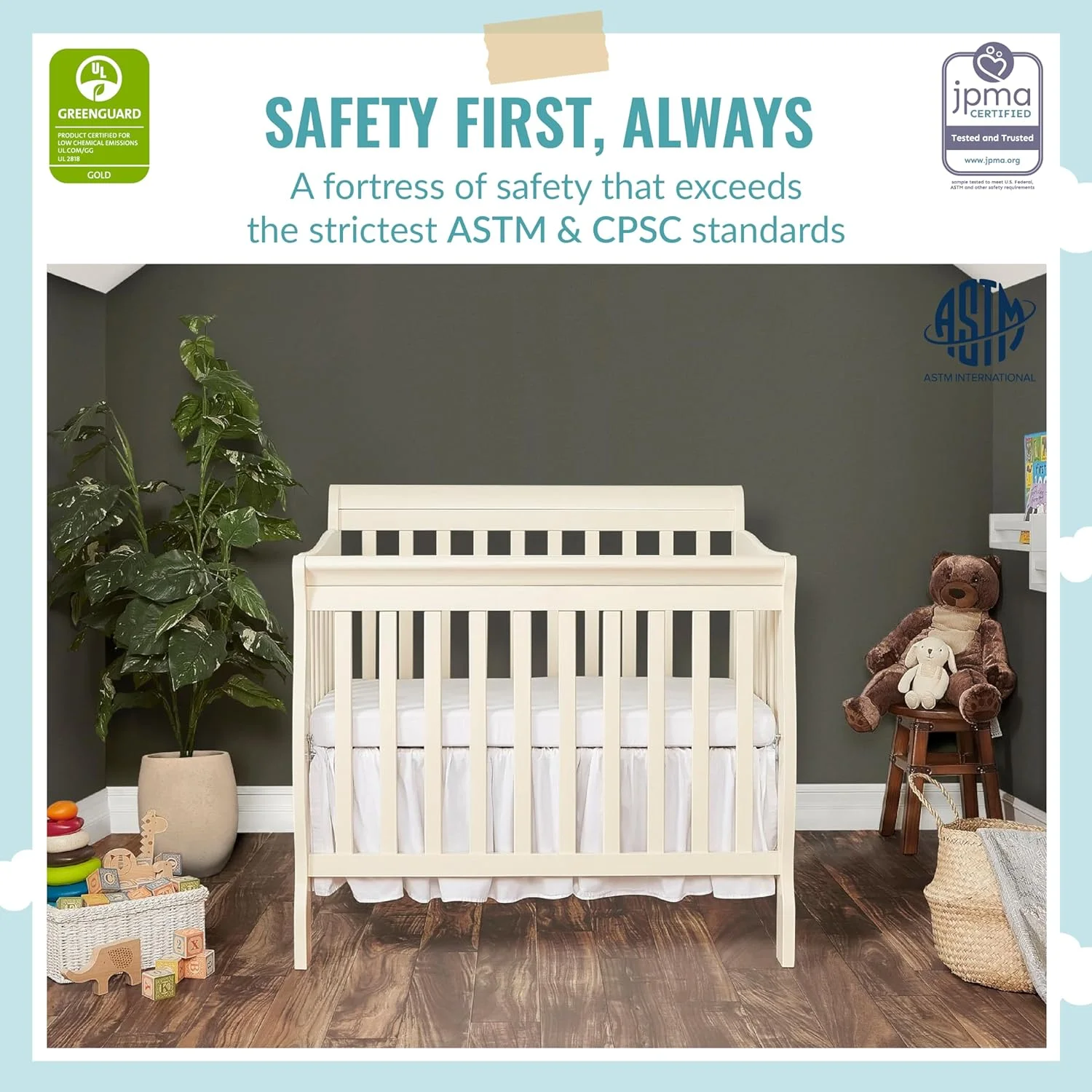 Aden 4-in-1 Convertible Mini Crib In French White, Greenguard Gold Certified, Non-Toxic Finish, New Zealand Pinewood, With 3 Mattress Height Settings