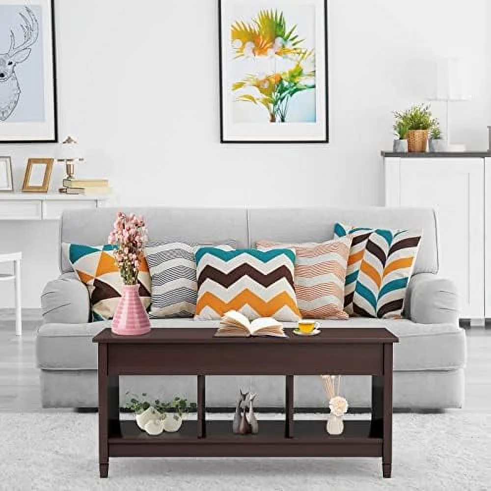 JDZHAPPYLIFE Lift Top Coffee Table with Hidden   Rectangular Sofa Tea Table with Solid Wood Legs  Industrial Center Table  for Living Room Reception Room (Rustic Brown)