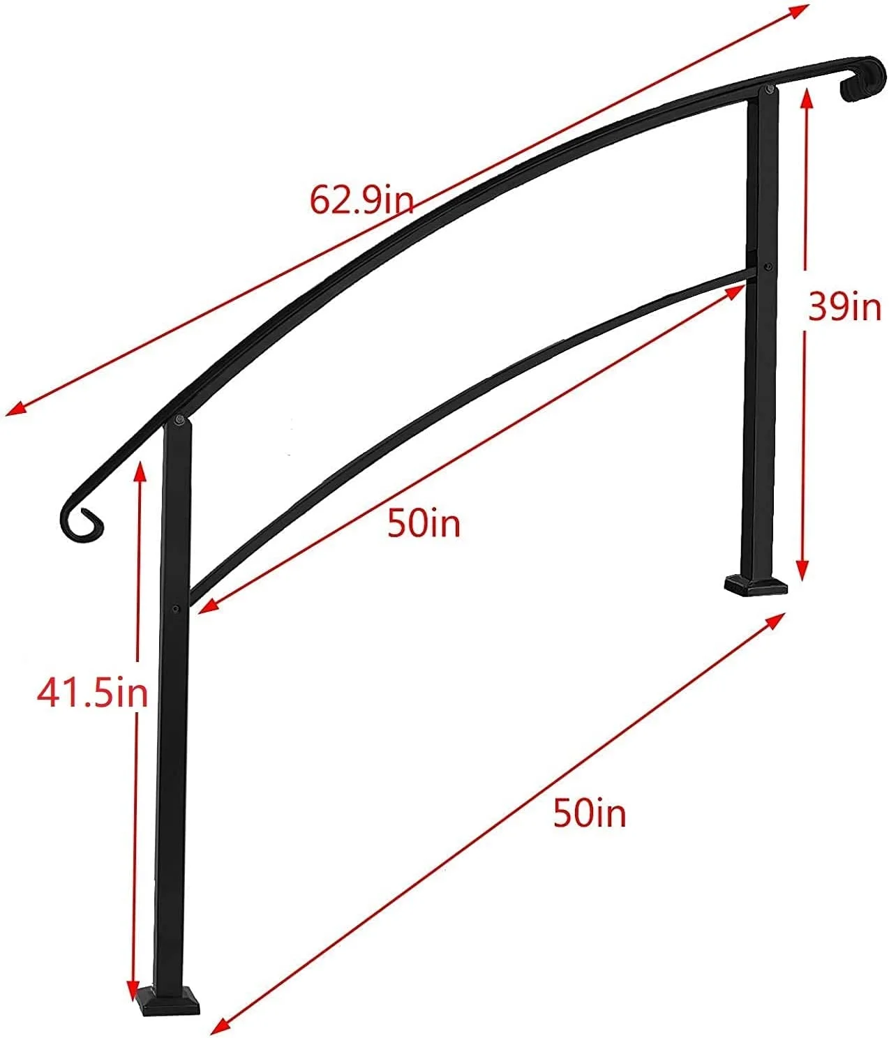 OUWI Transitional Handrail 5-Step Handrail Fits 1 or 5 Steps Black Stair Rail Wrought Iron Handrail with Installation Kit Hand Rails for Indoor Outdoor Steps (5 Feet, Black)