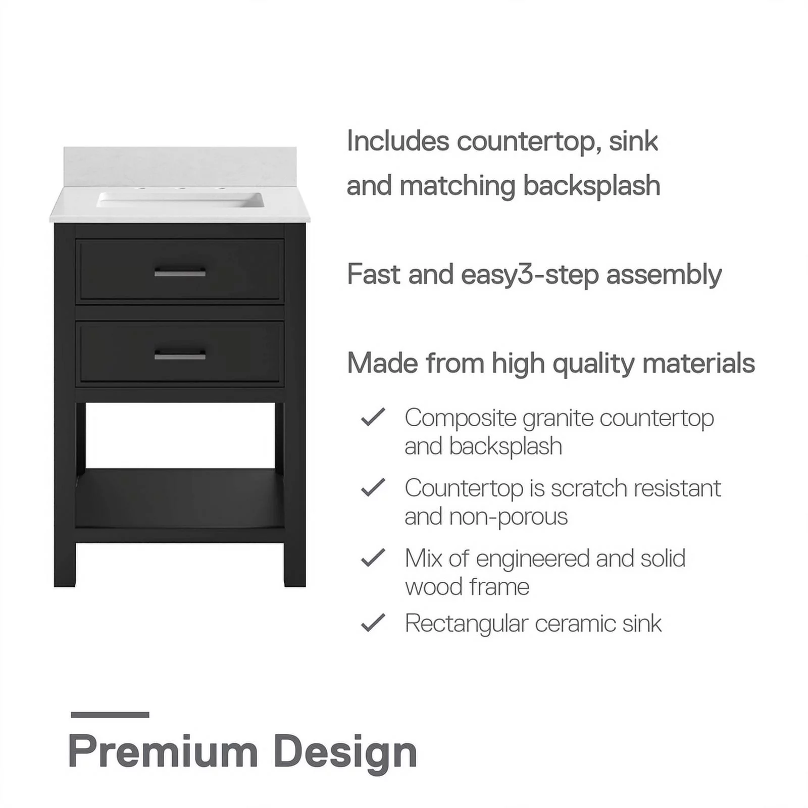 DHP Missouri 24 Inch Bathroom Vanity with Modern Carrera Countertop in Black