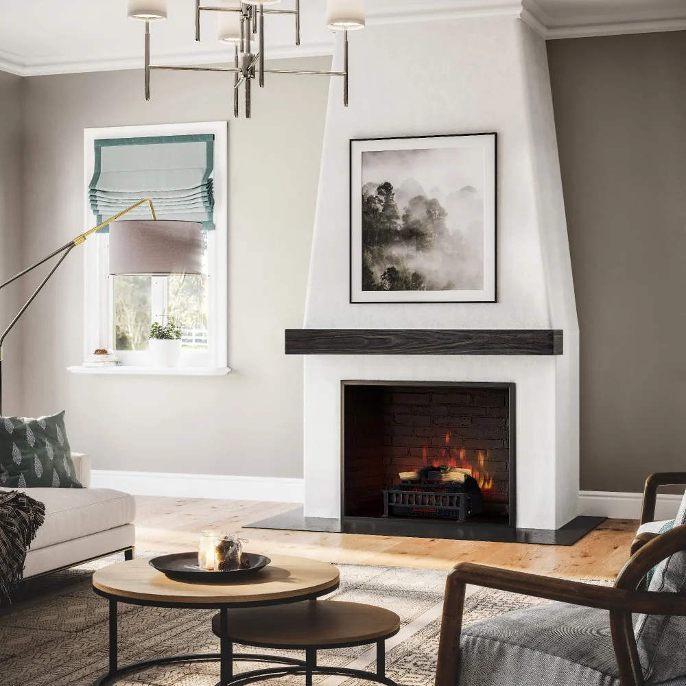 Modern Ember Modern Rustic 48 Inch Wood Mantel Shelf in Charcoal Black Stowe, Sand Groove Pattern