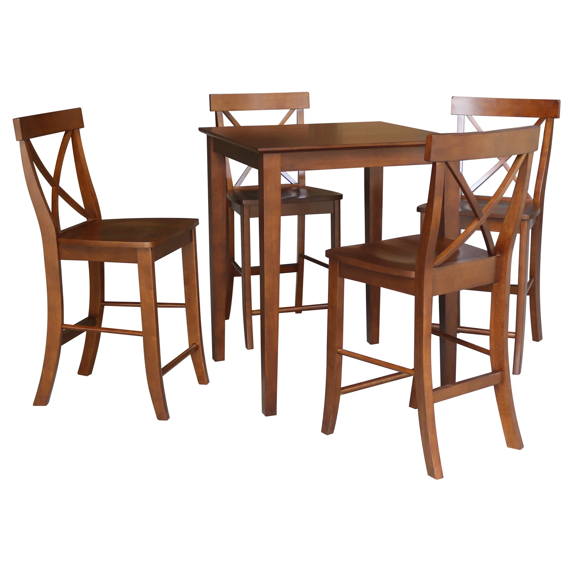 30'' Square Solid Wood Counter Height Dining Table with 4 Cross Back Counter Height Stools in Espresso