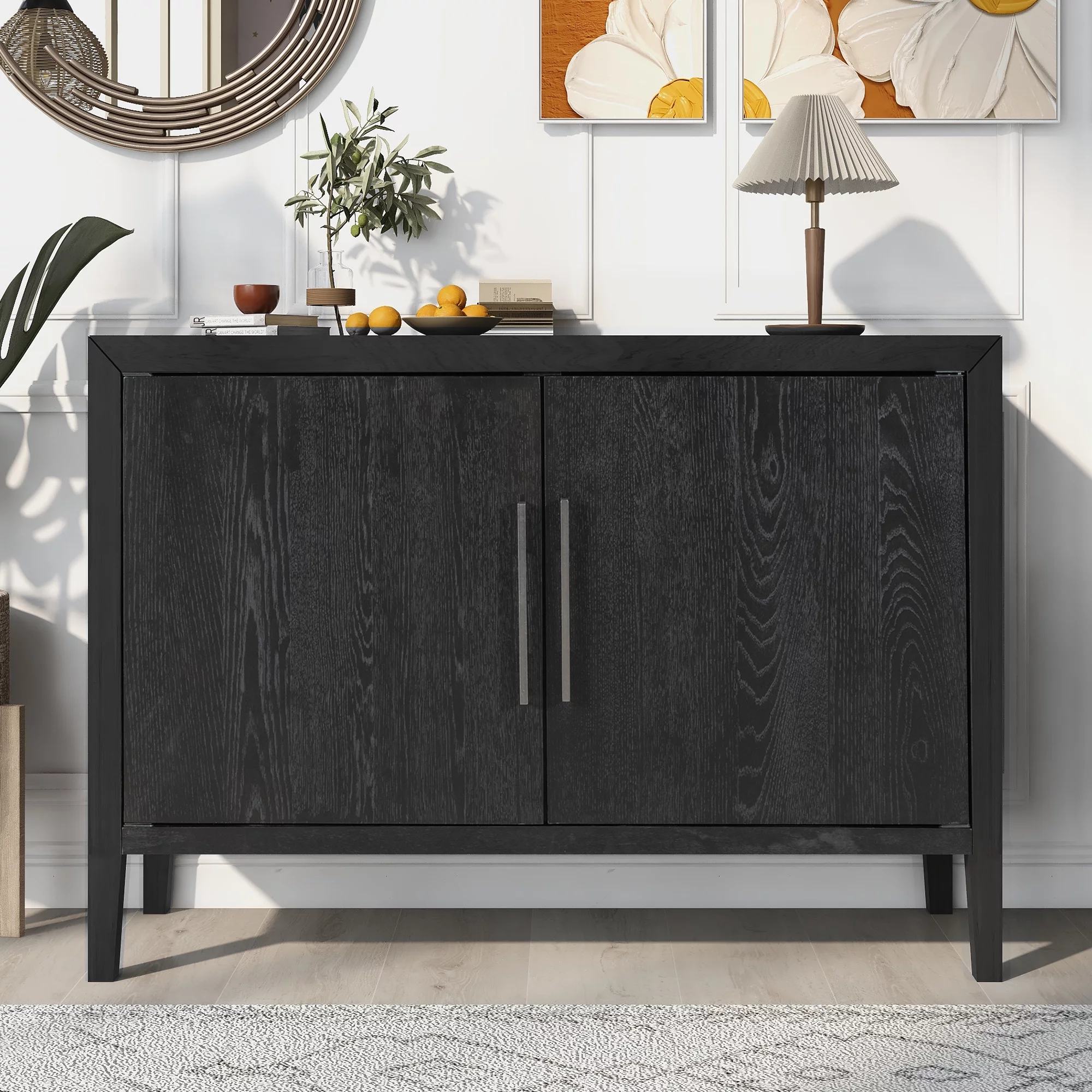 Storage Cabinet, Farmhouse Buffet Sideboard, Buffet Cabinet, Storage Cabinet with 4 Rattan Doors and Adjustable Shelves, Heavy Duty Cabinet Furniture for Living Room Kitchen Dining Room, Black