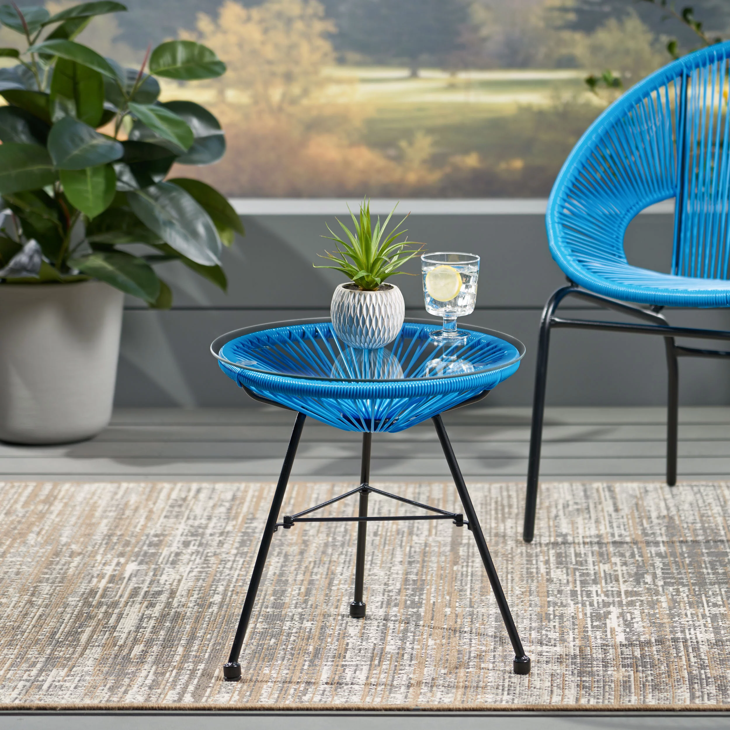 GDF Studio Chrissy Outdoor Modern Faux Rattan Side Table with Tempered Glass Top, Blue and Black