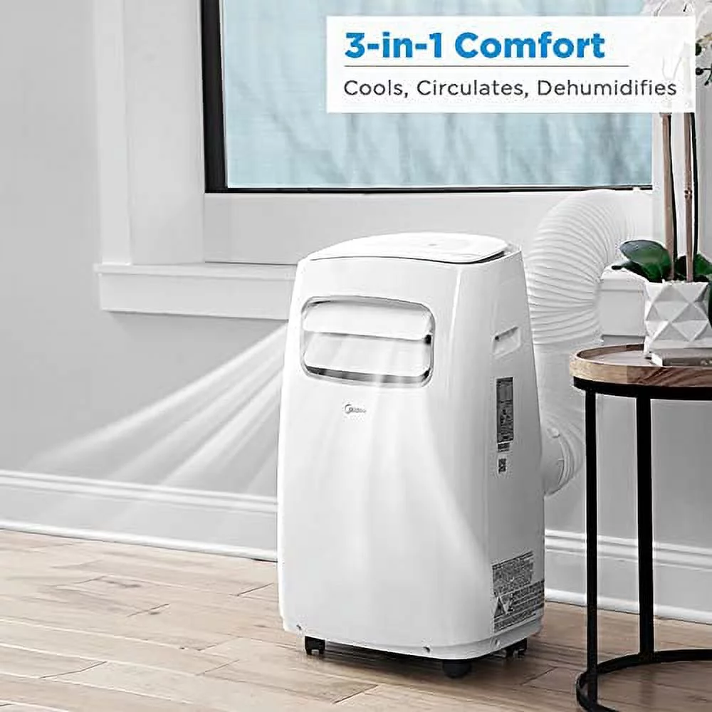MIDEA MAP14S1CWT 3-in-1 Portable Air Conditioner, Dehumidifier, Fan, for Rooms up to 330 sq ft Enabled, 14,000 BTU DOE (8,200 BTU SACC) control with Remote, Smartphone or Alexa