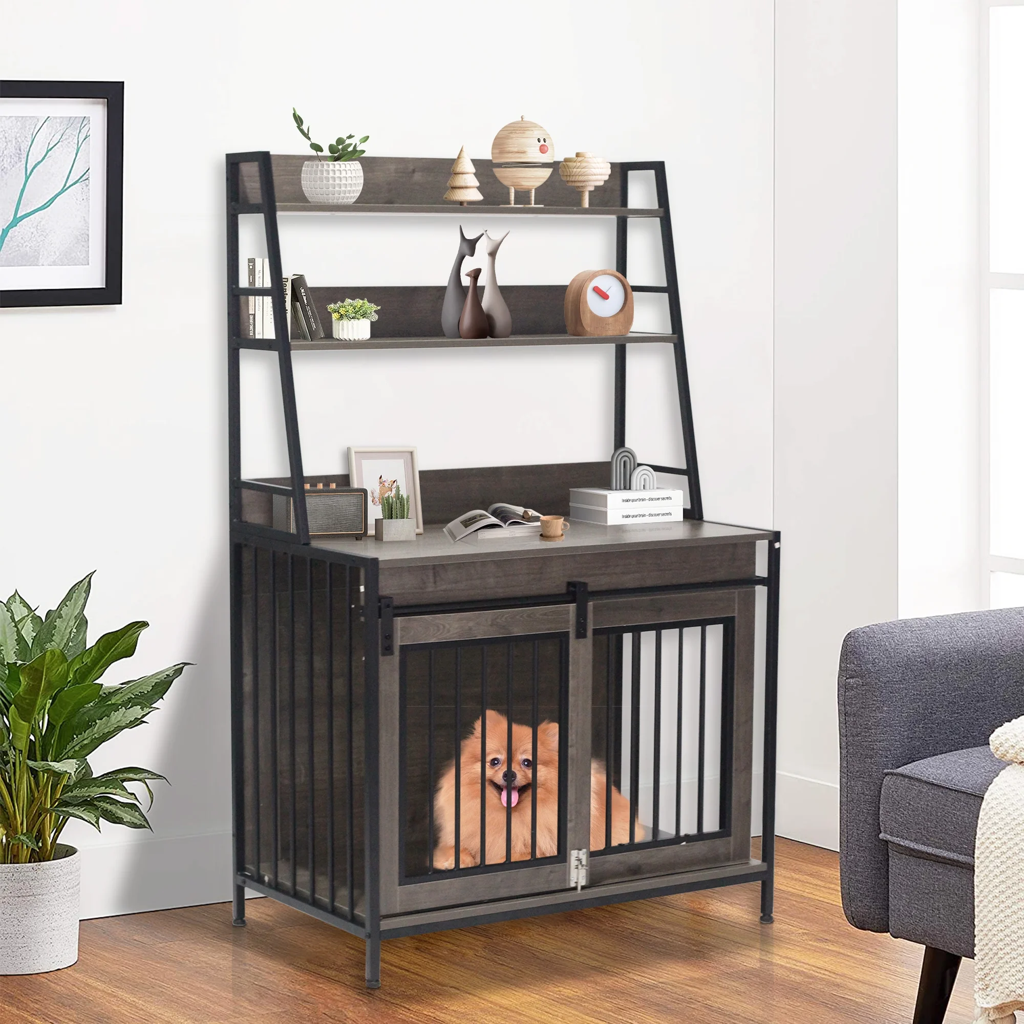 VINYUSE Dog Cage Furniture, Double Door Crate Furniture Dog Cage on Rollers with 3 Tier Storage Rack, Wooden Decorative Pet House End Table