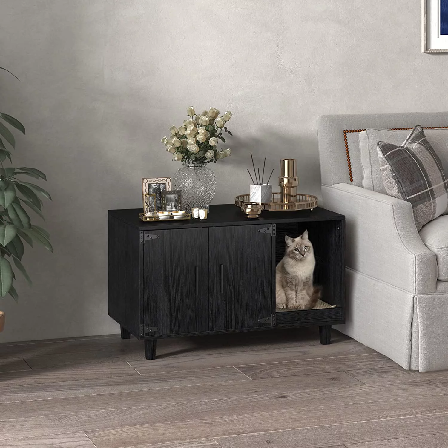 Modern Wood Pet Crate: Cat Washroom Hidden Litter Box Enclosure Furniture House, Nightstand with Scratch Pad, Stackable (Black)