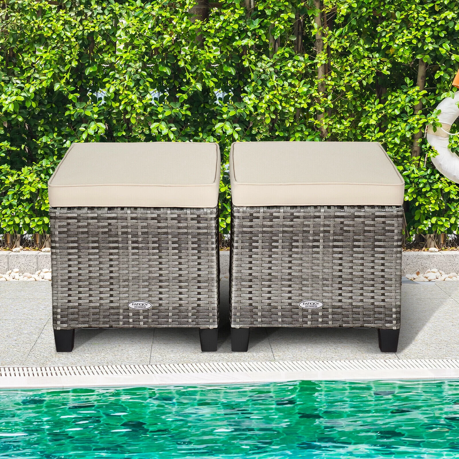 2-Piece Rattan Patio Ottoman Set with Beige Cushions - Stylish Wicker Footstools for Ultimate Comfort