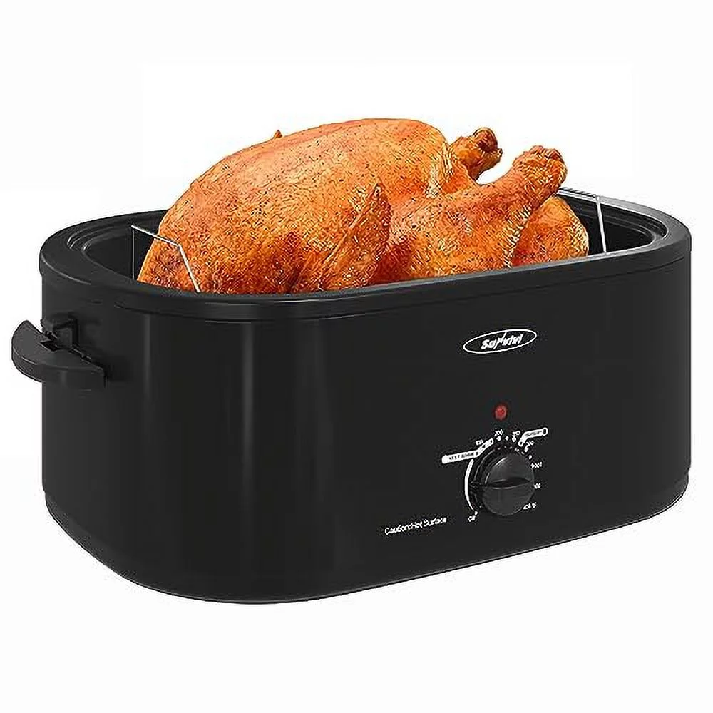 Sunvivi 24 Quart Electric Turkey Roaster Oven with Visible Glass Lid,Removable Pan & Rack, Stainless Steel, Black