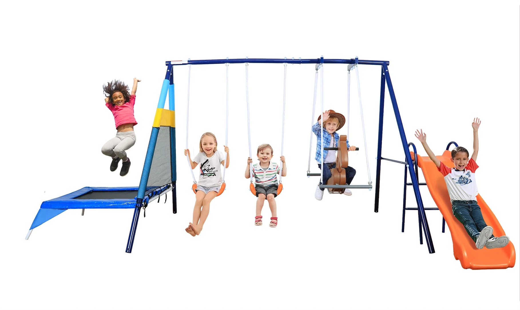 SMkidsport 5 in 1 Multi Functions Swing Set for Backyard, Heavy Duty Metal Playground Set for Kids with Slide, Trampoline, Two Swing Seats and Glider