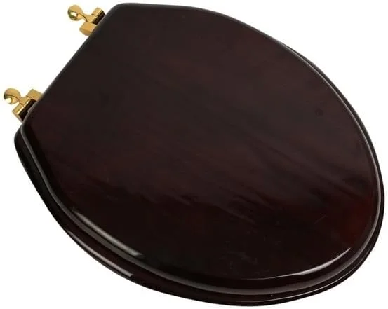Designer Solid Elongated Oak Wood Toilet Seat with Polished Brass Hinges Mahogany