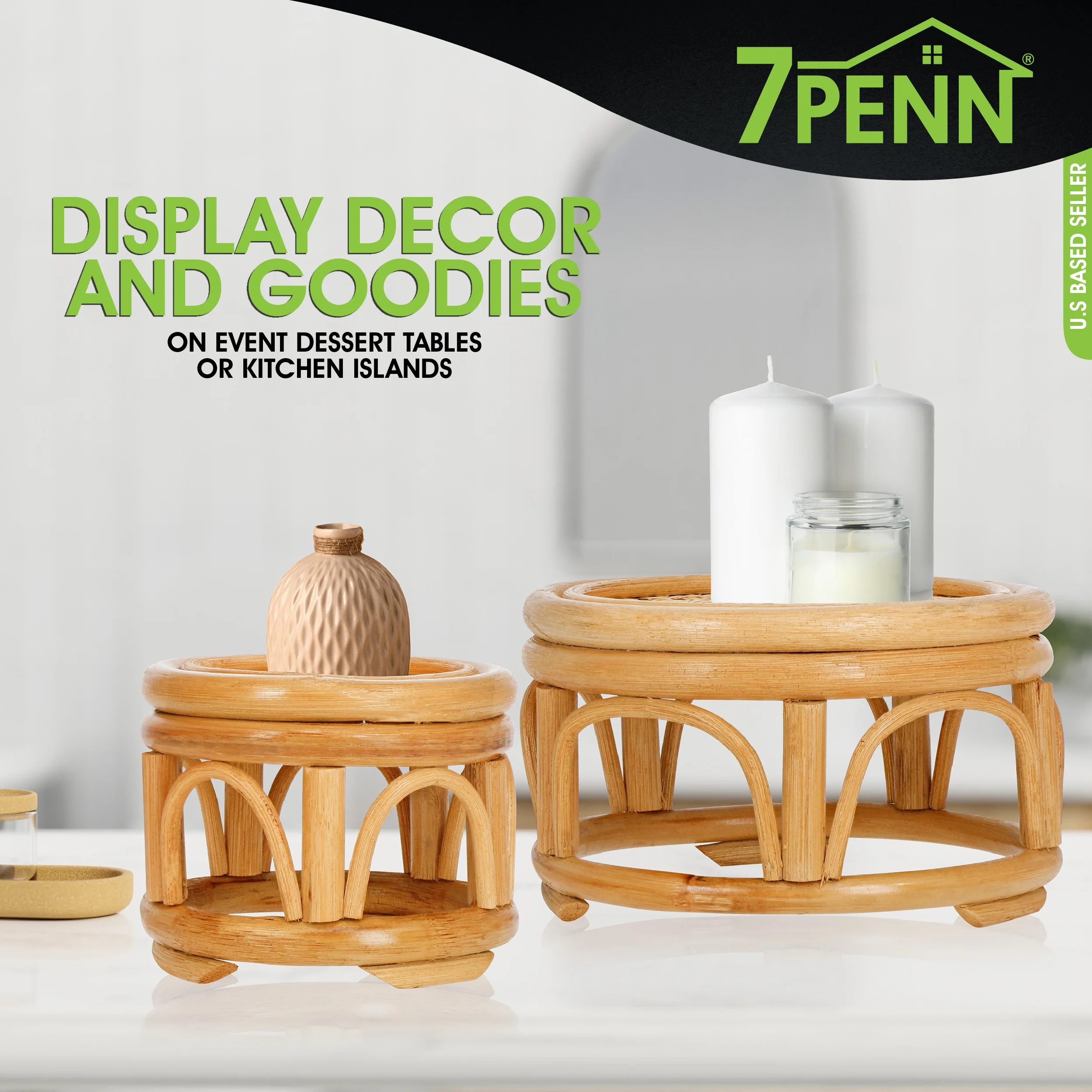 7Penn Boho Plant Stand 3 Piece Set - Multilevel Wicker and Rattan Planter Risers