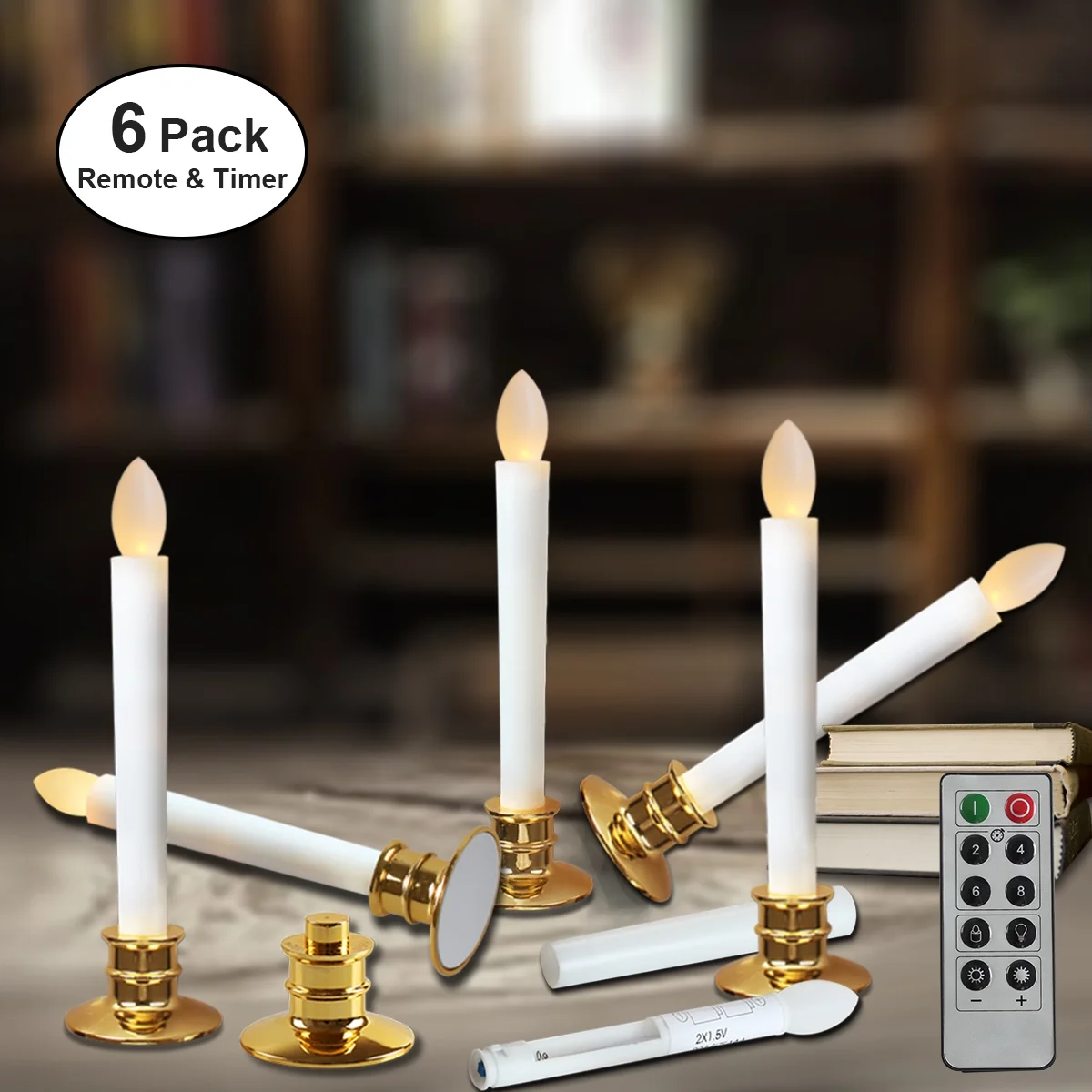 6Pcs LED Windows Candle Lights with Remote Timer Battery Operated Flickering with Removable Holders for Christmas Decorations Celebration - Gold Base