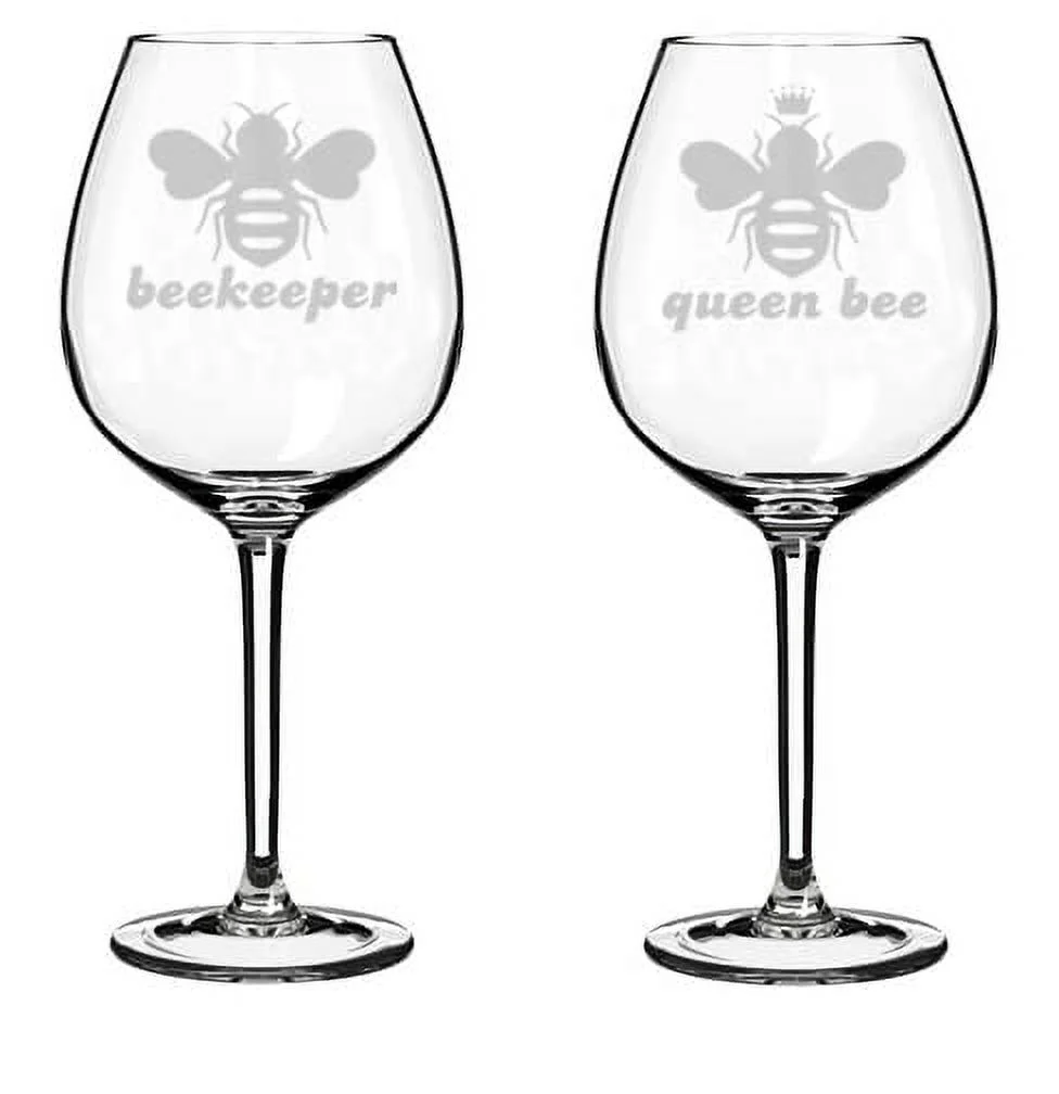 Set of 2 Wine Glass Goblet Queen Bee Beekeeper Funny Couple His and Her Gift Engagement Anniversary Wedding Bride Groom (20 oz Jumbo)