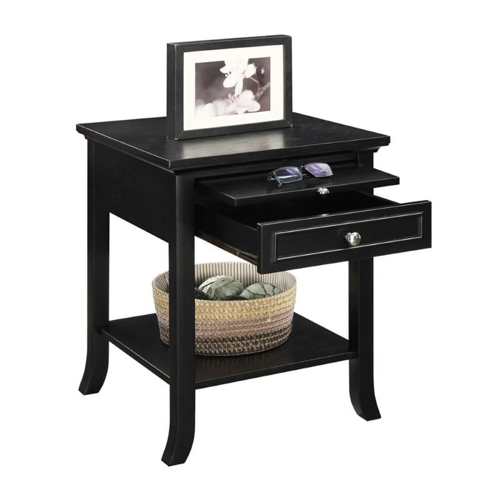 Pemberly Row Traditional Wood End Table with Drawer & Bottom Shelf in Black