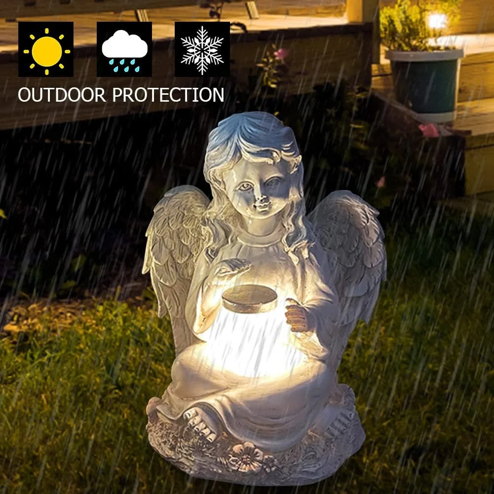 Resin Boy Angel Statue Garden Ornament Solar Lamp Angel Sitting Figurine Waterproof Home Decor for Courtyard Patio