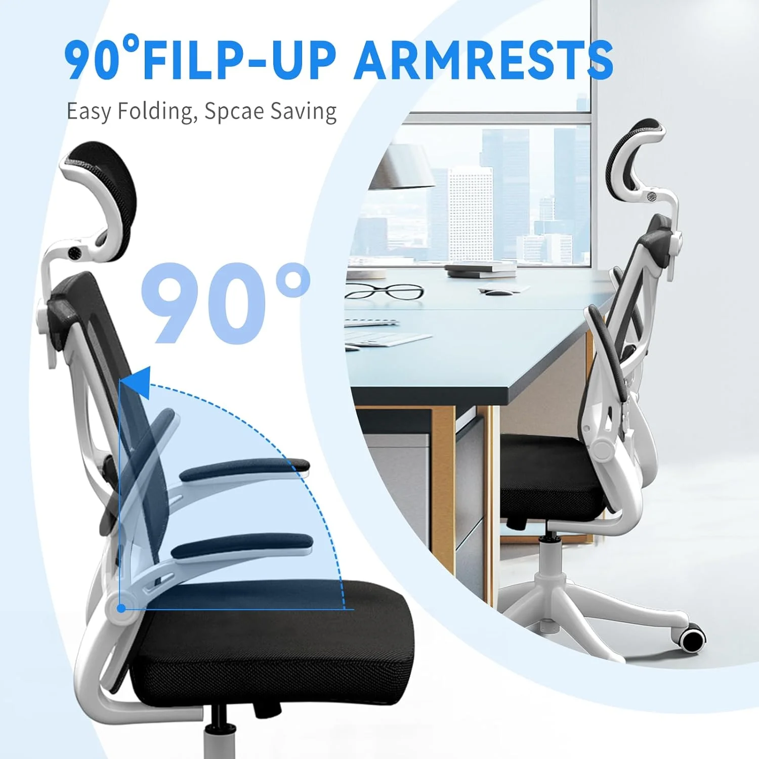 YILAN Ergonomic Office Chair, Computer Mesh Chair, Home Office Desk Chairs with Adjustable Headrest and Height, High Back Swivel Task Chair with Flip Up Armrest…