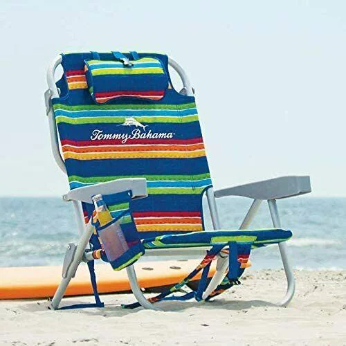 Tommy Bahama Backpack Beach Folding Deck Backpack Chair Blue, Green, Red, Stripes - 2020