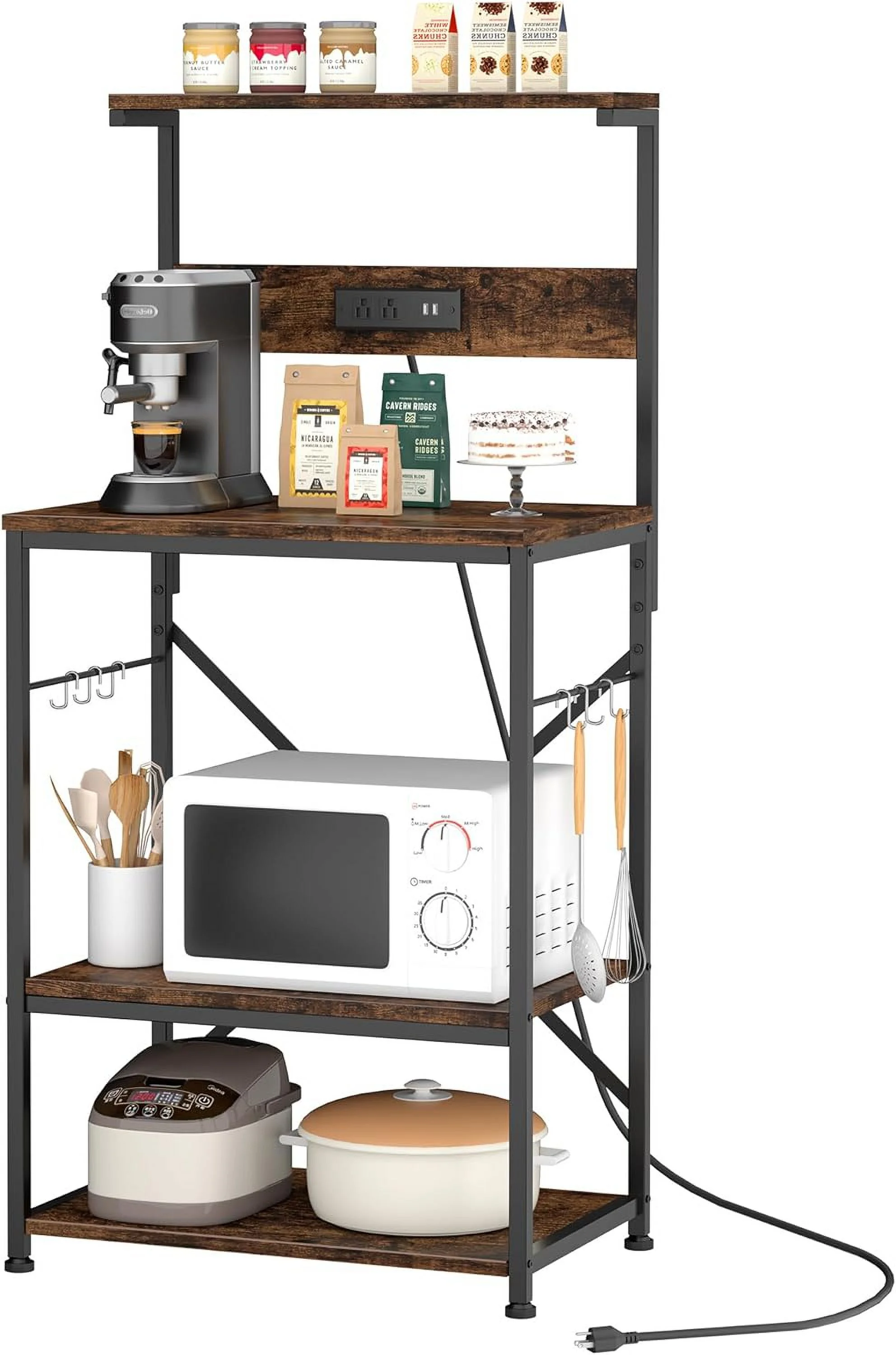 Kitchen Bakers Rack with Power Outlet, Microwave Stand with 6 S-Shaped Hooks, 4-Tier Coffee Bar Microwave Rack (23.62'', Rustic Brown)