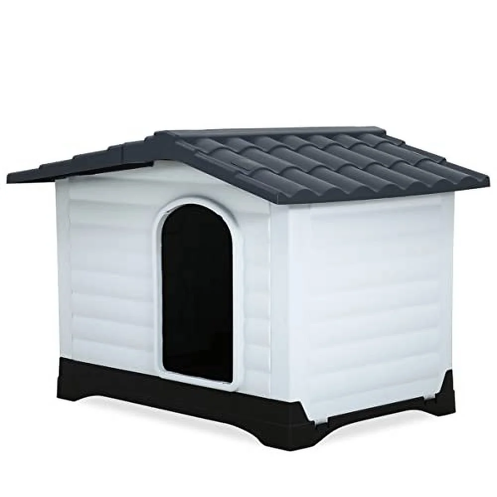 Dog House, 26 Inch High Indoor Outdoor Pet Kennel with Air Vents and Elevated Floor Ventilate Waterproof Plastic Dog House with Base Support for Any Season, Blue and white, 36 x 27 x 26 inches