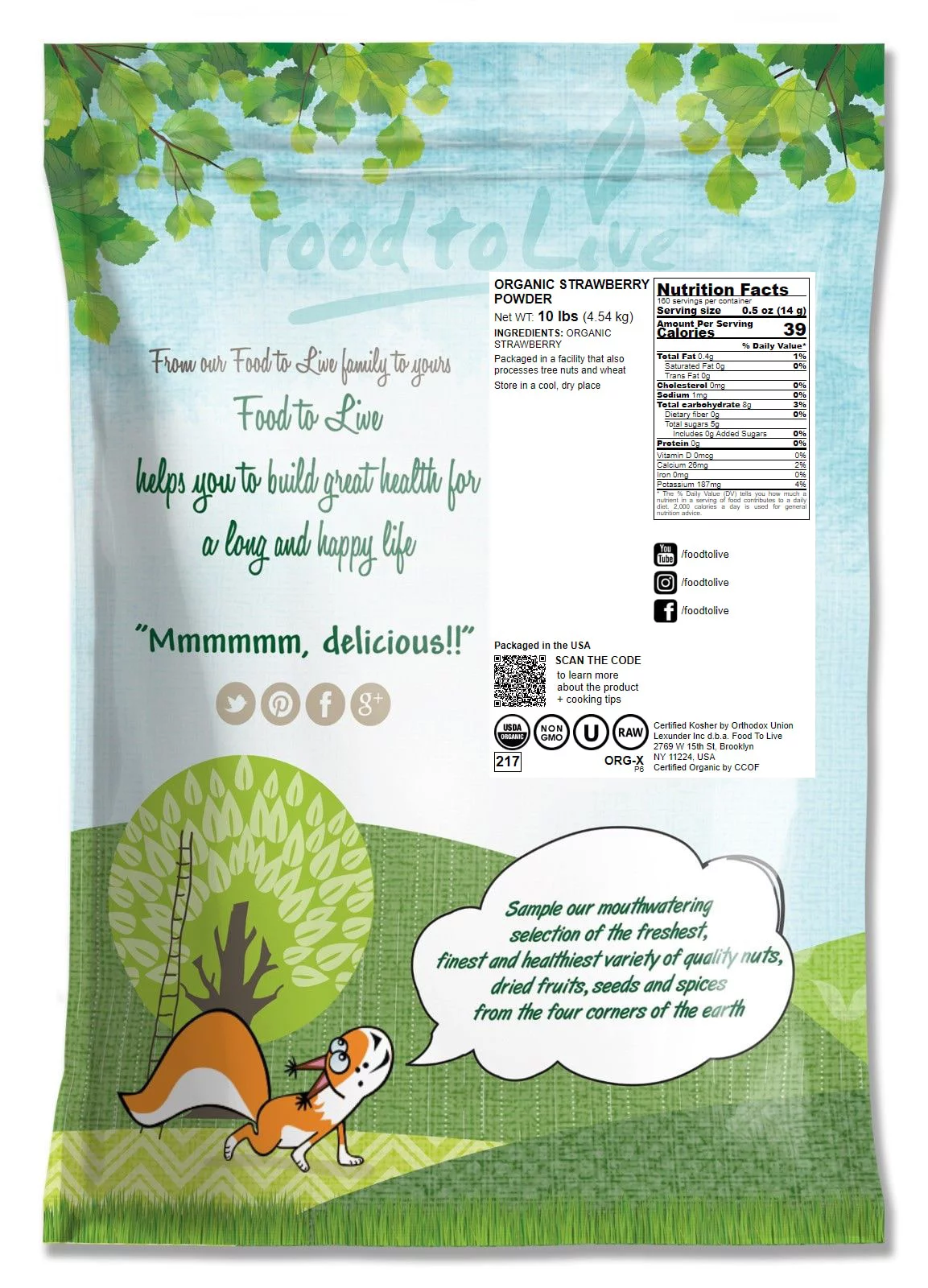 Organic Strawberry Powder, 10 Pounds — Non-GMO, Vegan, Raw — by Food to Live