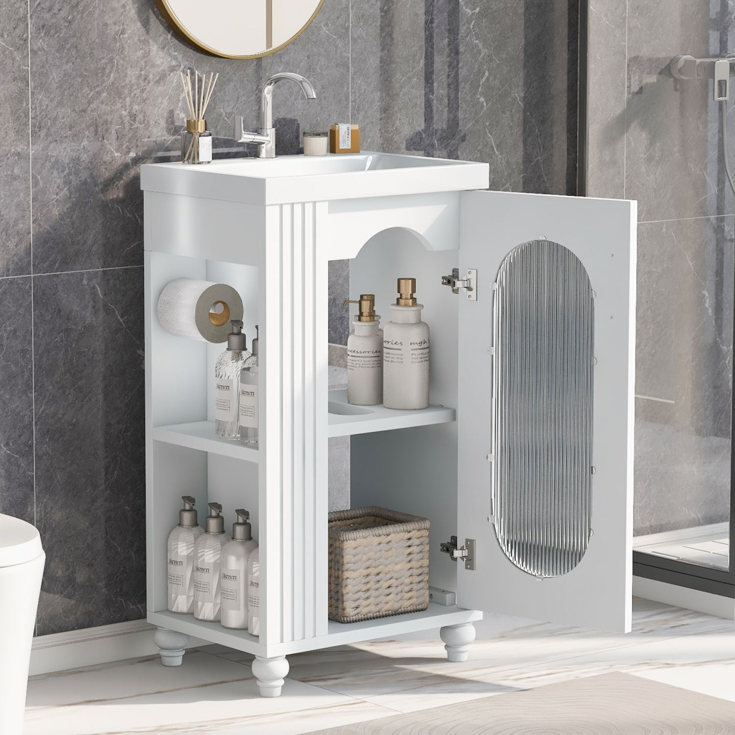 Solid Wood and MDF White Bathroom Vanity Cabinet with Two-tier Shelf and Adjustable Shelf  20-inch Sink Included