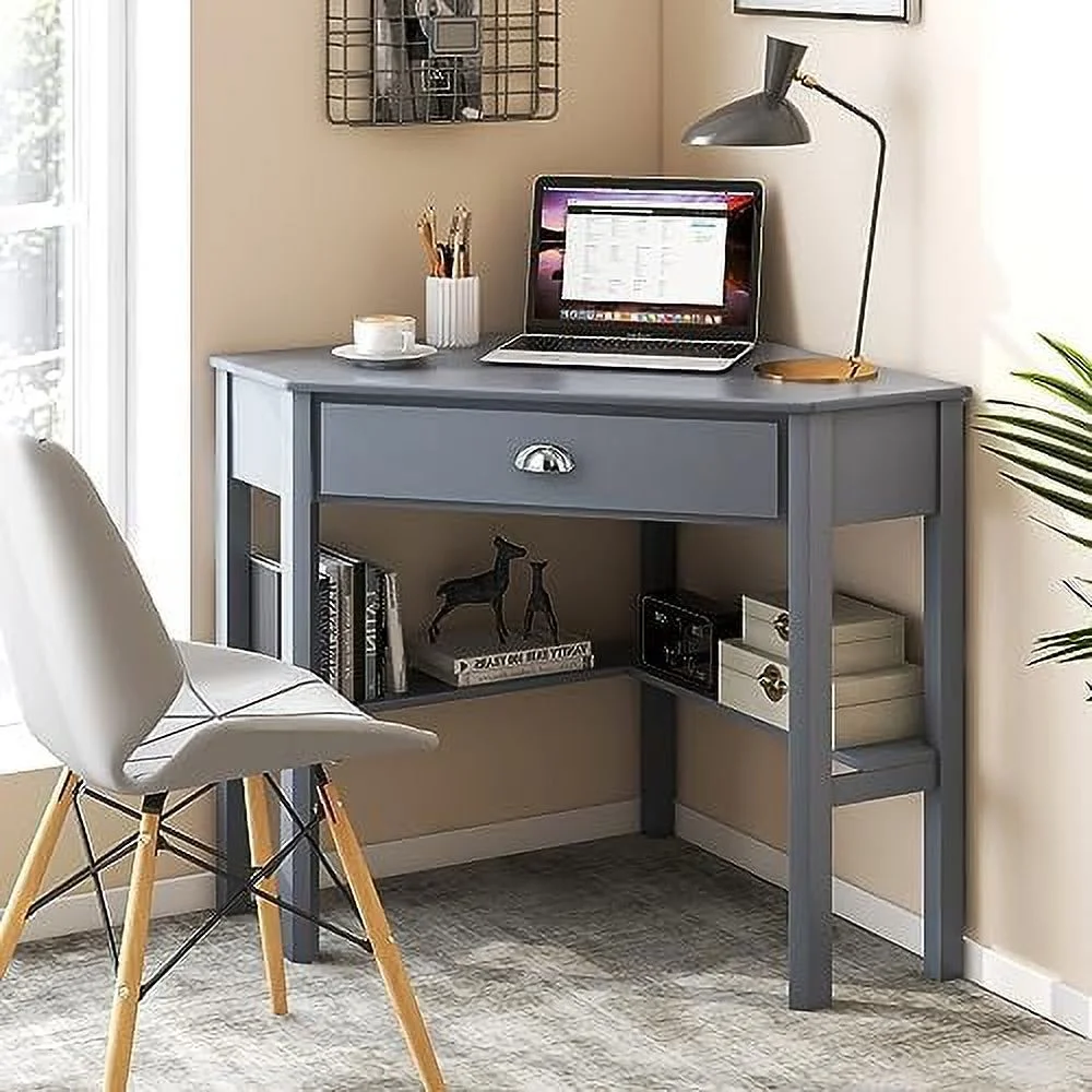 TJCGDTY Corner Computer Desk  Space-Saving Corner Table with Drawer & Shelves  Home Office 90° Triangle Corner Workstation  Modern  Vanity Table  Corner Desk for Small Spaces (Natura