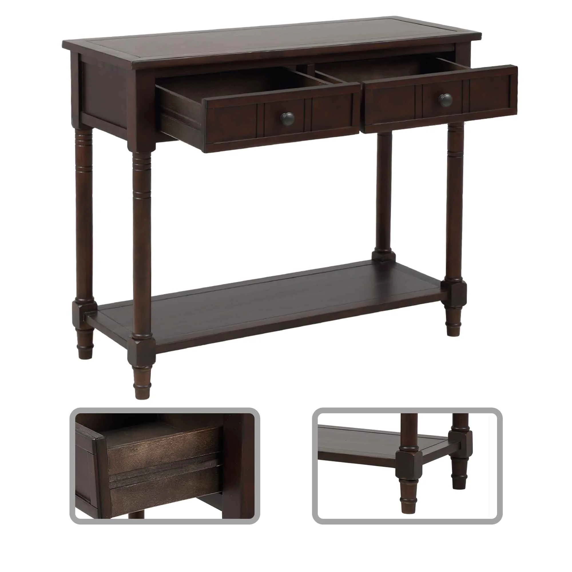 Traditional Design Wood Console Table with Bottom Open Shelf and 2 Drawers