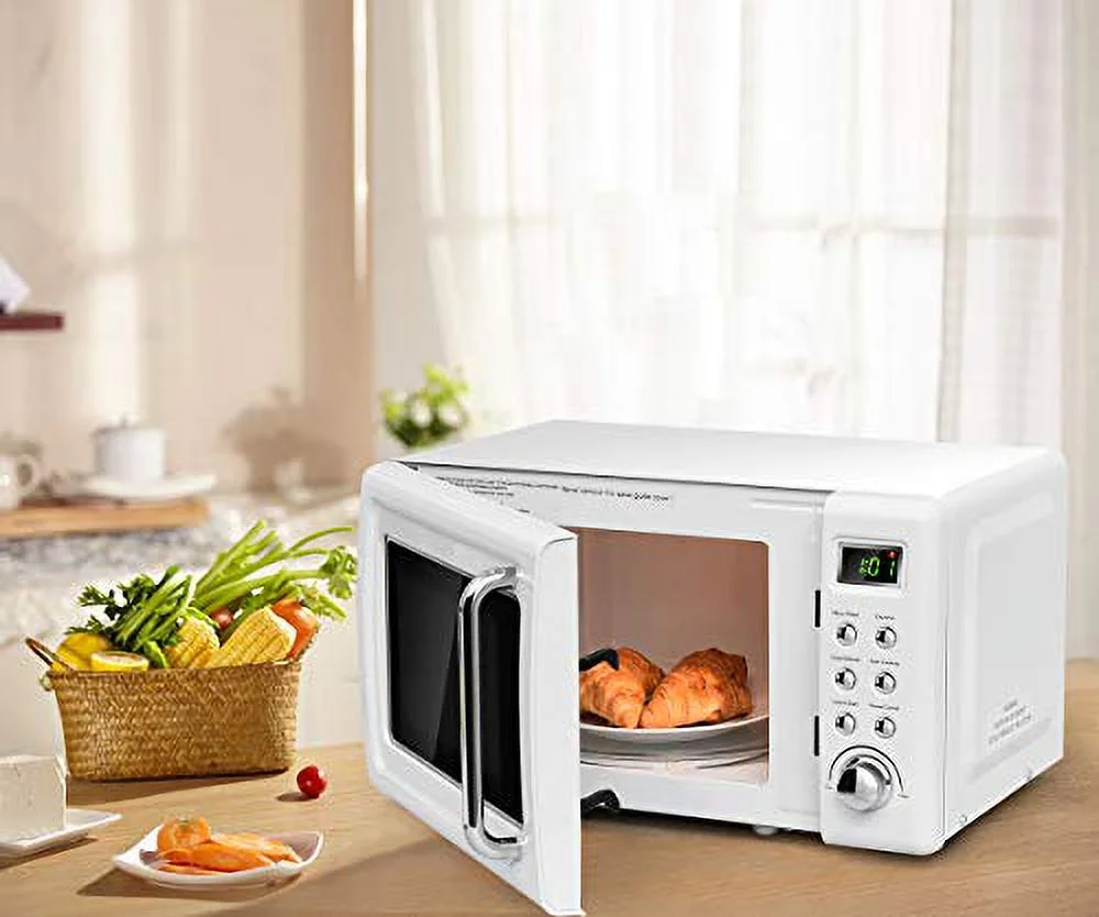 Retro Microwave Oven,Safeplus 0.7Cu.ft, Countertop 700W Microwaves with Cold Rolled Steel Plate 5 Micro Power Defrost & Auto Cooking Function LED Display Glass Turntable and Viewing Window Child Lock