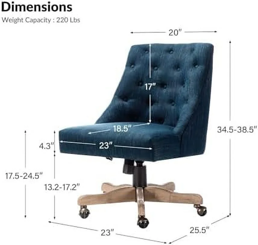 NLTBONNIE Modern Tufted Armless Home Office Chair  Comfy Upholstered Desk Chair with Vintage Wood Base  Height Adjustable Swivel Computer Task Chair for Living Room Bedroom  Blue