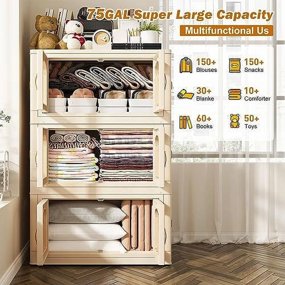 CCBIUOMBO 75 GAL Stackable  Bins with Lids for Closet Organizers Collapsible  Bins with Door and Wheels Trunk Car Folding  Containers Box for Bedroom Kitchen Office Toy Plastic 3PC