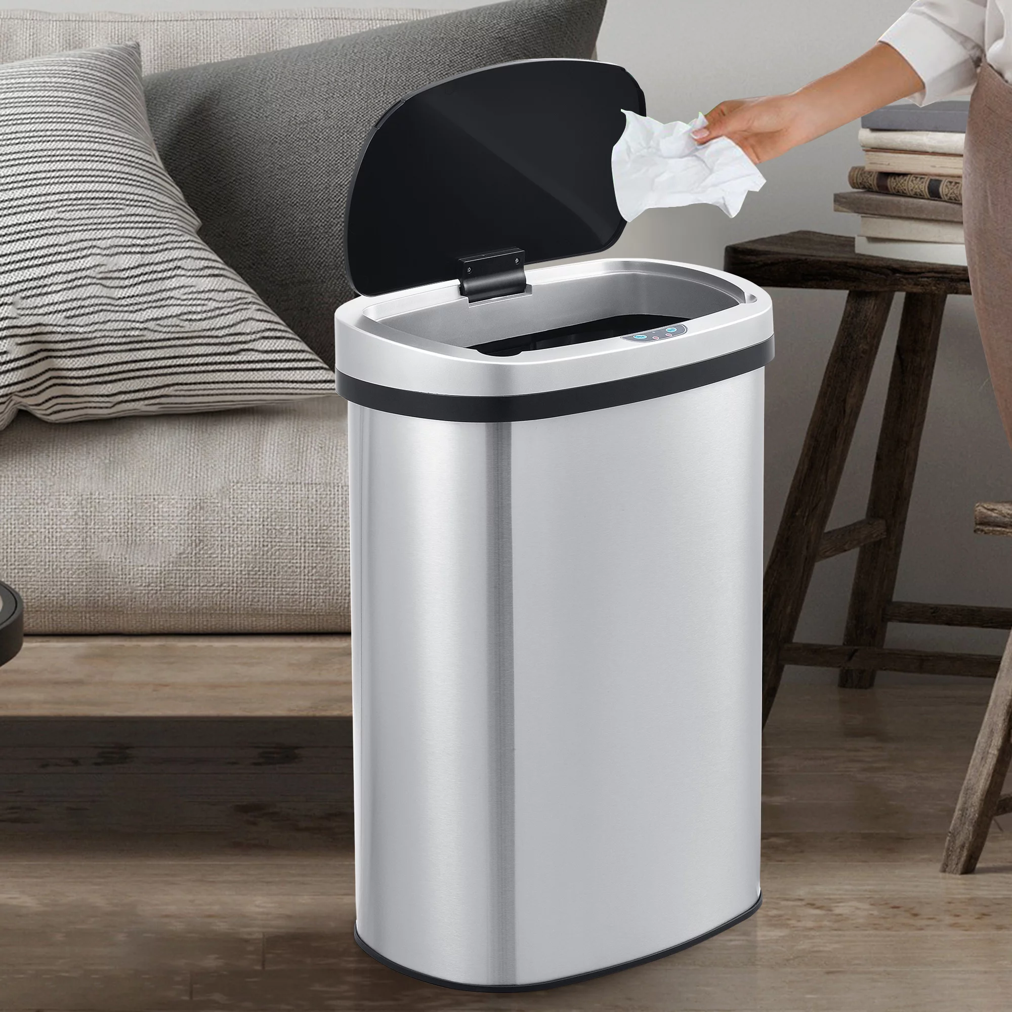 Innovaze 13.2 Gallon Motion Sensor Trash Can,  Stainless Steel Oval Kitchen Garbage Can with Black Lid