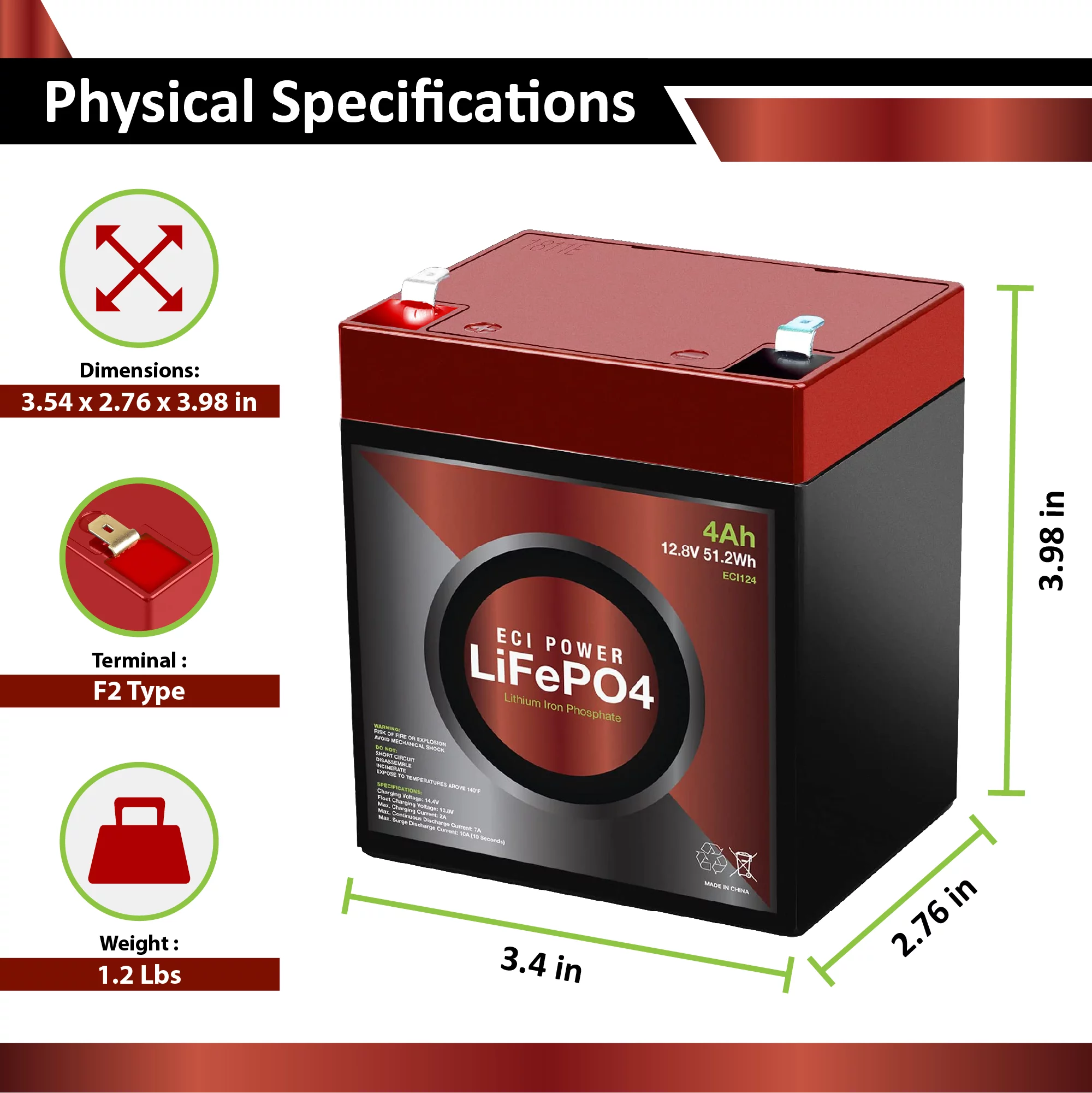 ECI Power 12V 4Ah Lithium LiFePO4 Deep Cycle Rechargeable Battery | 2000-5000 Life Cycles & 10-Year Lifetime | Built-in BMS