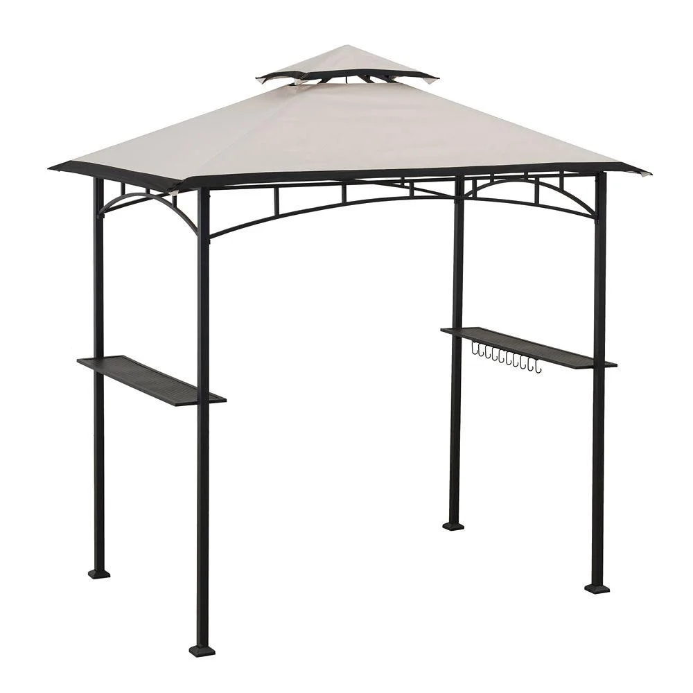 Sunjoy 5 x 8 ft Black Steel Frame Double Tiered Canopy Grill Gazebo for Outdoor, Patio, Garden Beige
