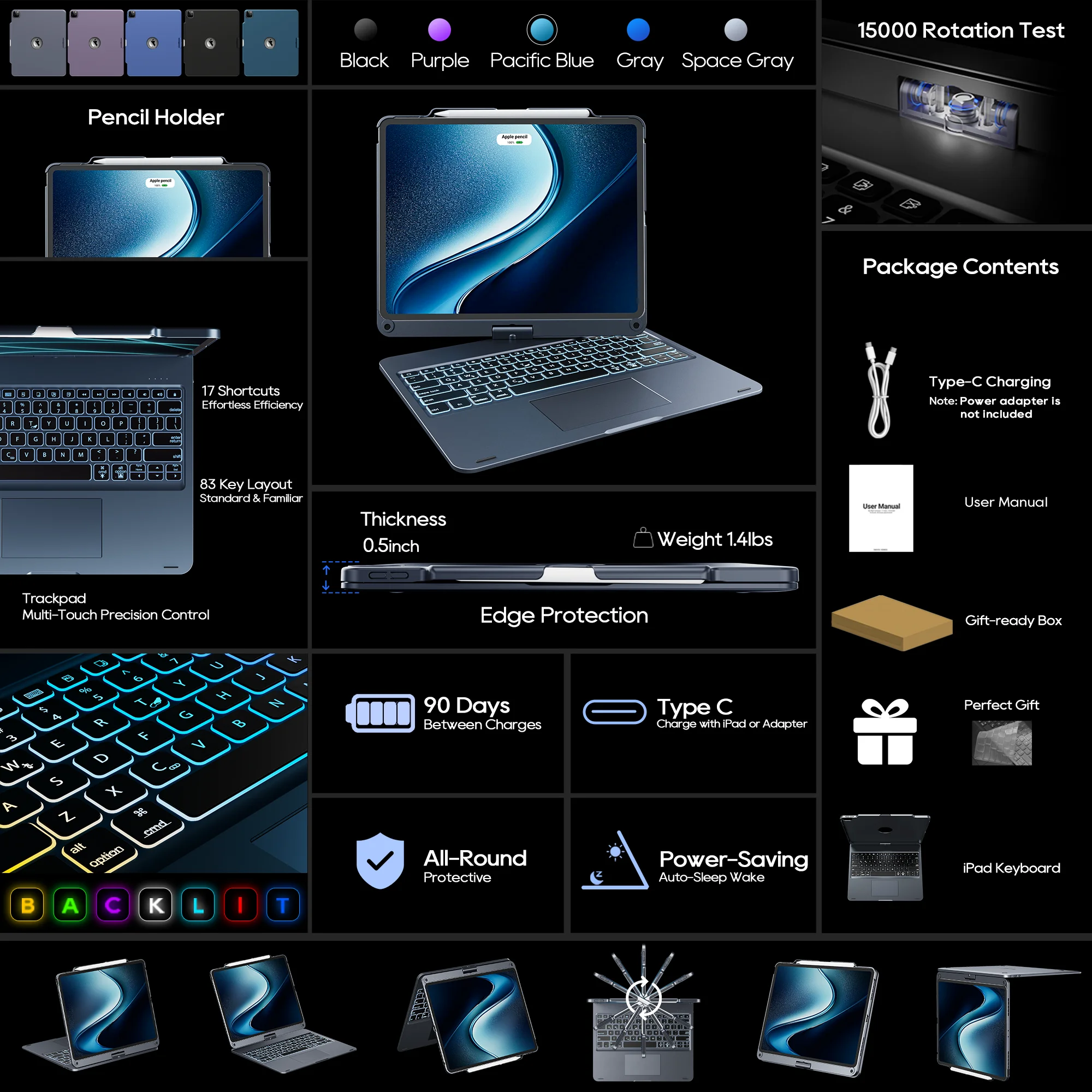 Pekarejue Keyboard Case for 2022 iPad Pro 12.9 inch 6th 5th Gen and 4th 3th Generation, 360-Degree Rotating Rugged Slim Protective Cover with Pencil Holder, Smart Touchpad, RGB Backlit, Space Gray