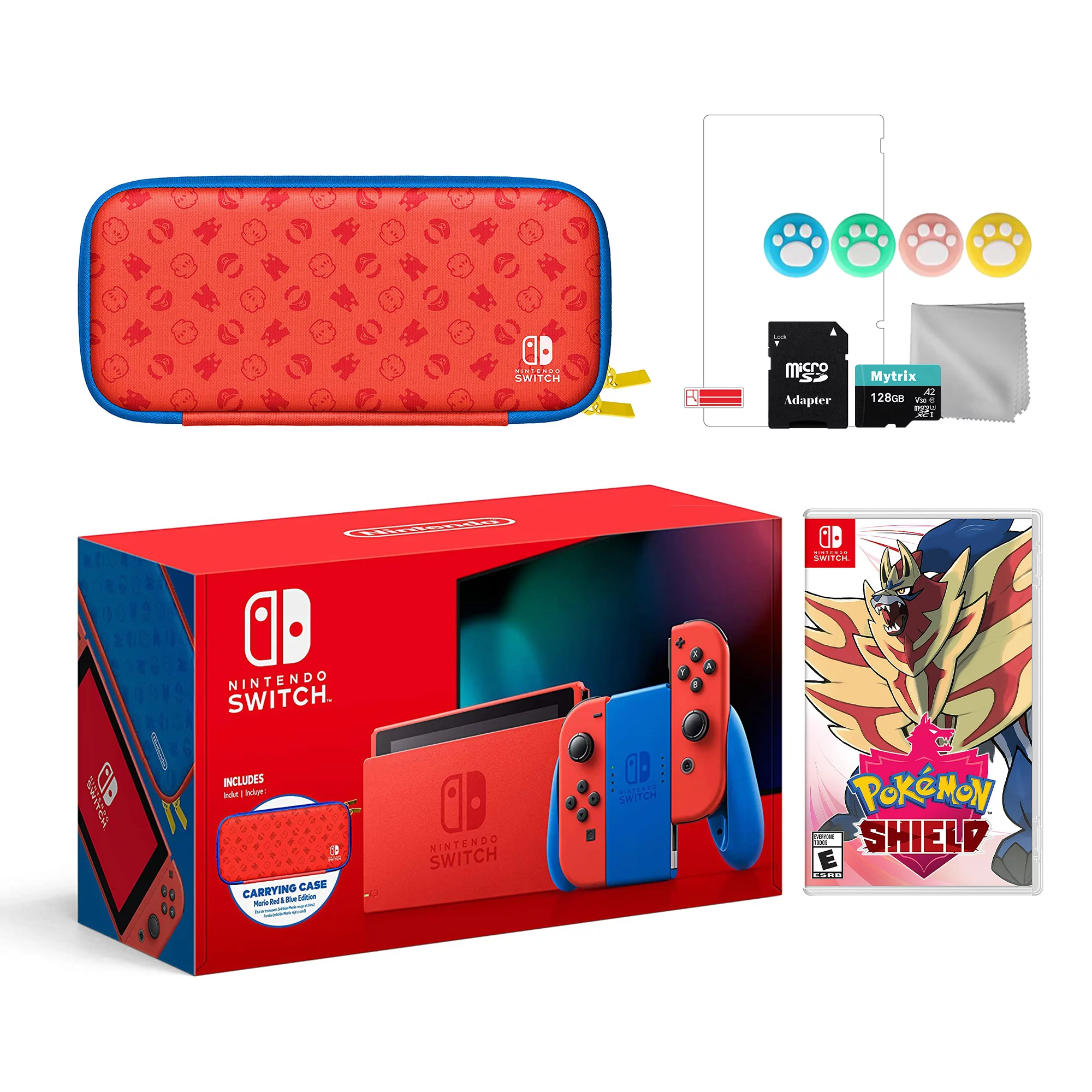 Nintendo Switch Mario Red & Blue Limited Edition with Mario Iconography Carrying Case and Screen Protector Bundle With Pokemon Shield And Mytrix Accessories