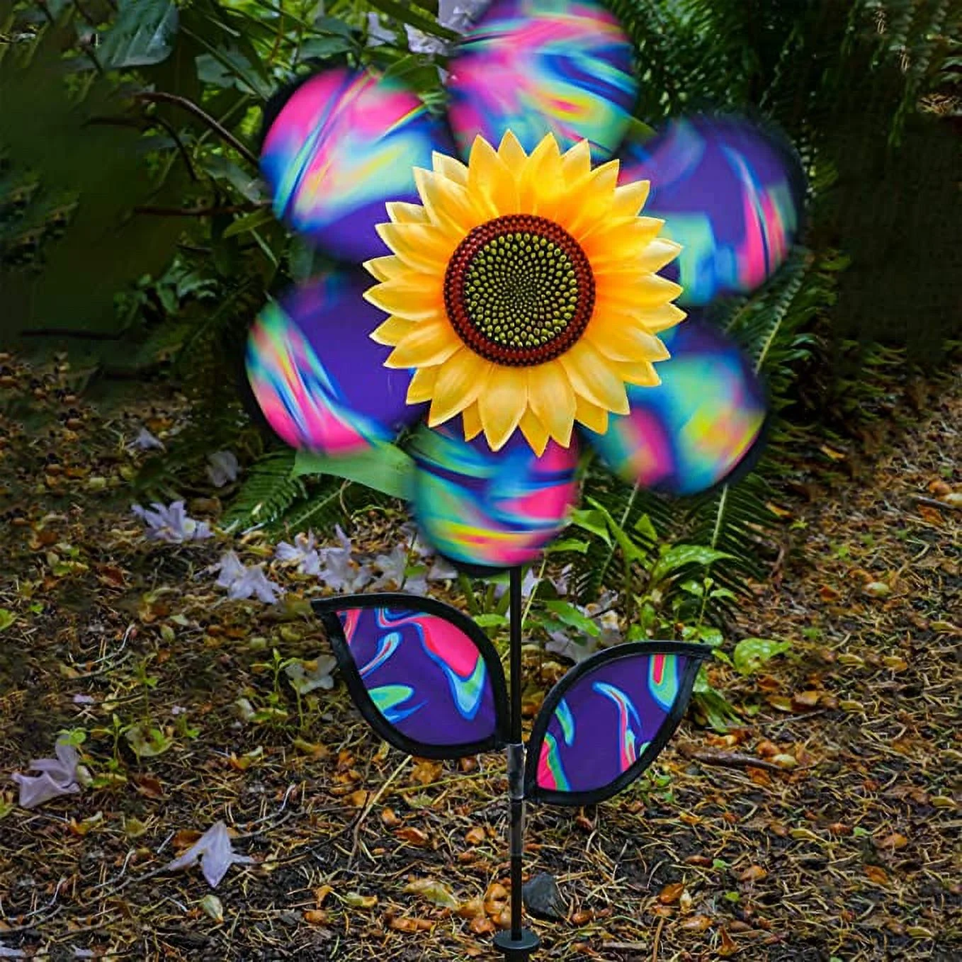 In the Breeze 2645 — 12-Inch Blue Psychedlic Sunflower Spinner with Leaves — Colorful, Vibrant Flower Wind Spinner for Yards and Gardens