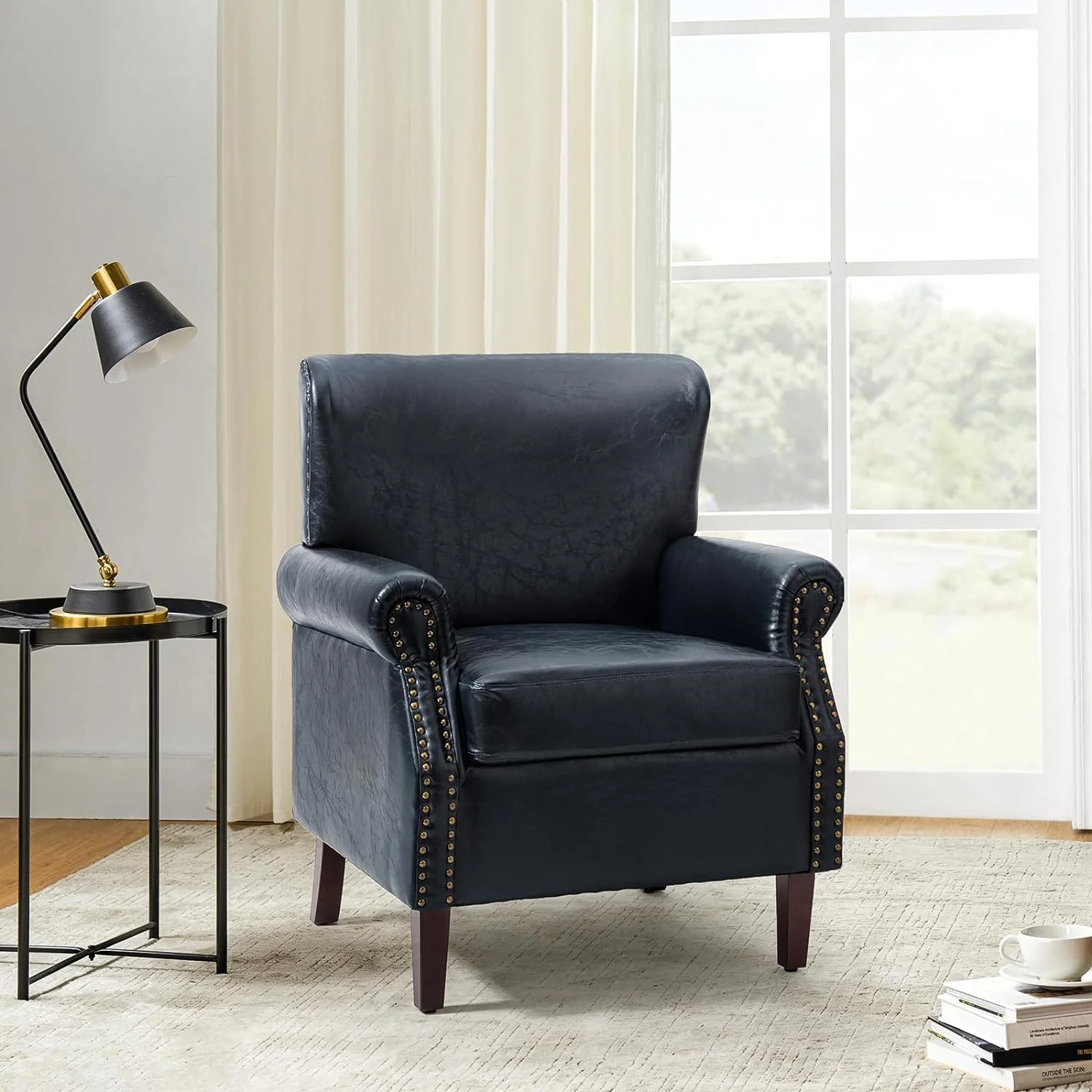 Faux Leather Accent Chair With Rolled Armrests & Nailhead Trim, Comfy Upholstered Living Room Armchair With Removable Cushion, Traditional Single Sofa Chair For Bedroom Office, Navy