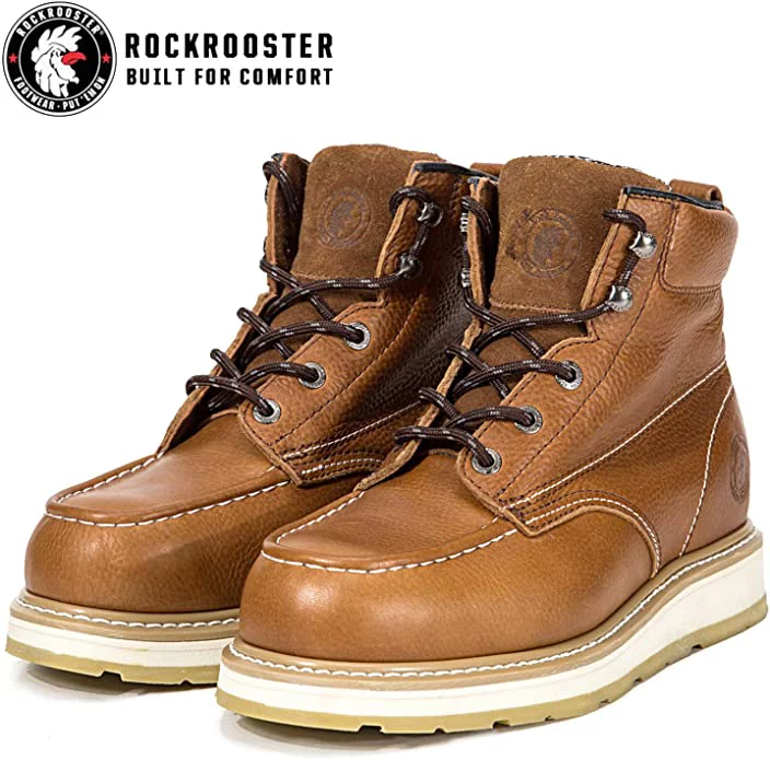 ROCKROOSTER Work Boots for Men, Composite Moc Toe, 6'' Wedge Safety Leather Shoes, Non-Slip, Anti-Puncture, Water Resistant, EH, Anti-Fatigue, AP828-8.5