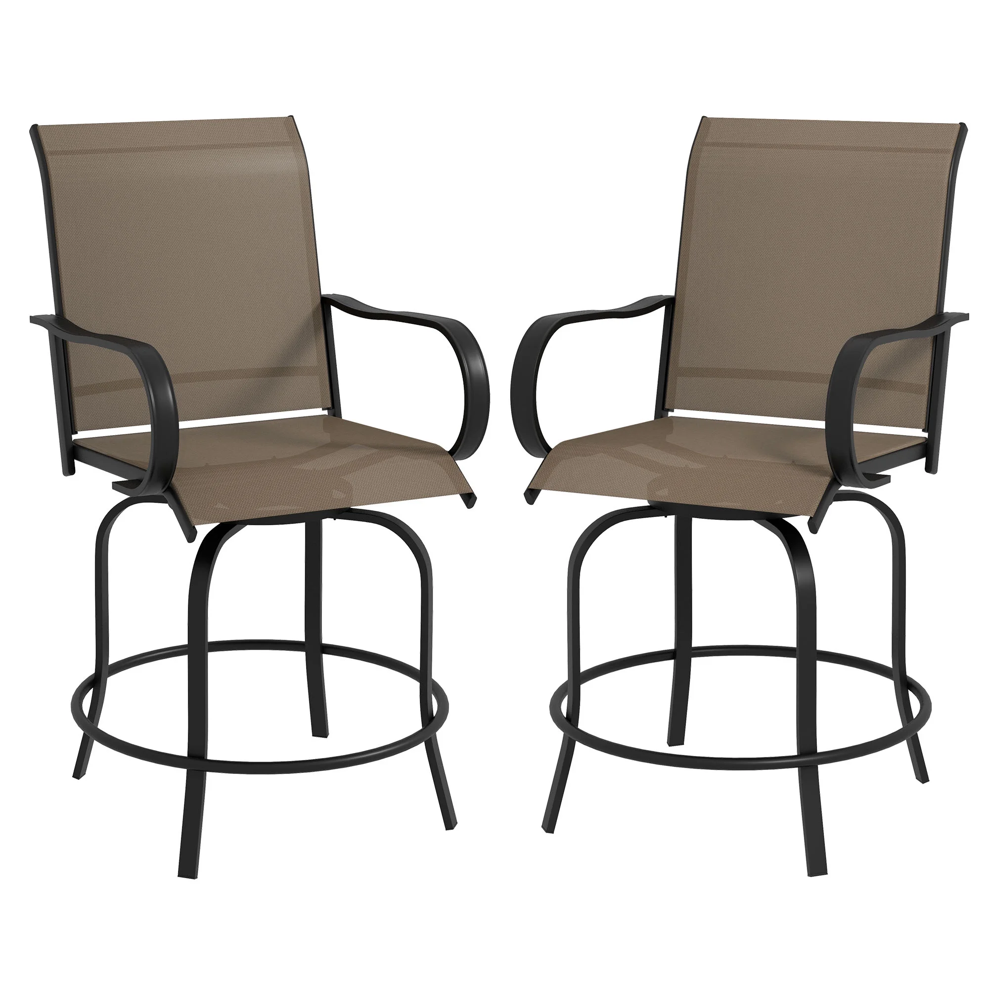 Homiyad Outdoor Bar Stools with Armrests, Set of 2 360° Swivel Bar Height Patio Chairs with High-Density Mesh Fabric, Steel Frame Dining Chairs for Balcony, Poolside, Backyard, Brown